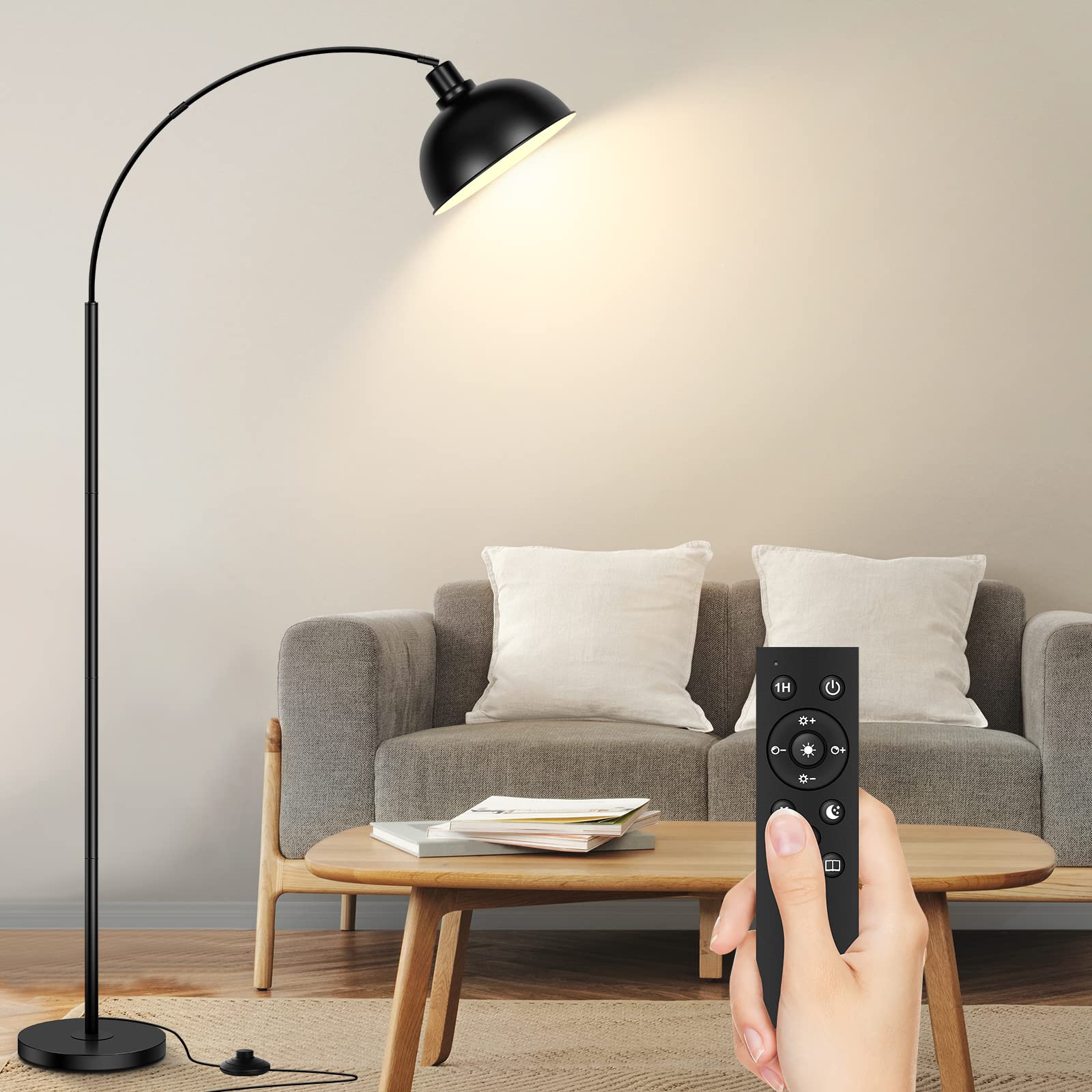 Arc Floor Lamps For Living Room, Modern Tall Standing Lamp Remote Control,Stepless Dimmable Black Floor Lamp With Hanging Dome Shade, Over Couch Arched Reading Lamp For Bedroom (Bulb Included)