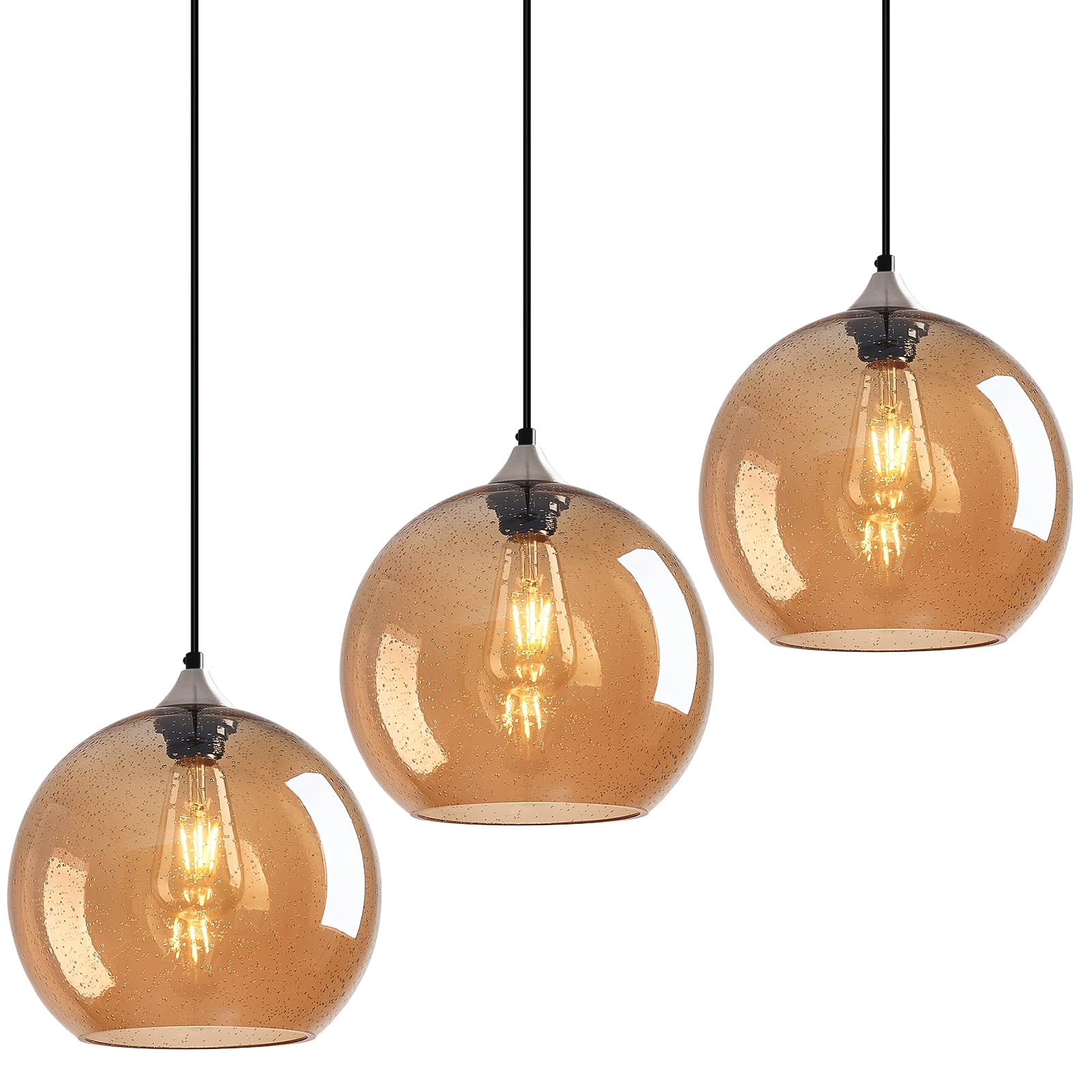 Lbsqj Amber Glass Pendant Lights Kitchen Island Globe Pendant Light Fixtures Modern Pendant Lighting For Bedroom Living Dining Room Light Fixture (9.84 In  3 Pack)