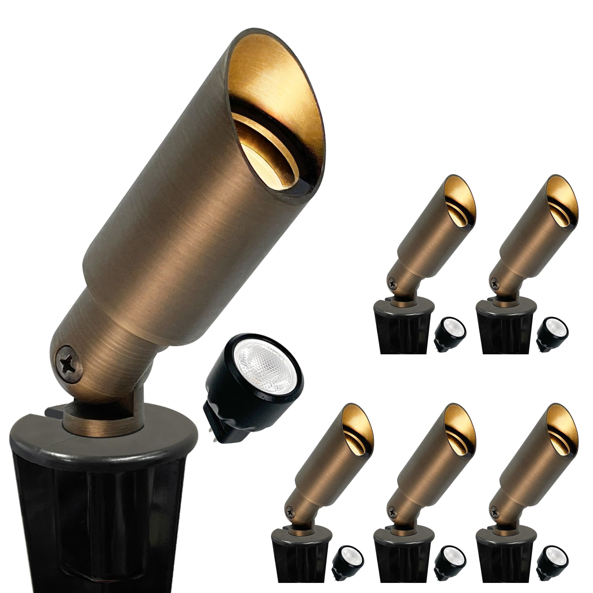 GKOLED 6 Pack Mini Size Brass Landscape Spotlight, Low Voltage 12V AC/DC Outdoor Directional Up Light, 180 LM, 3W MR8 LED Bulb A