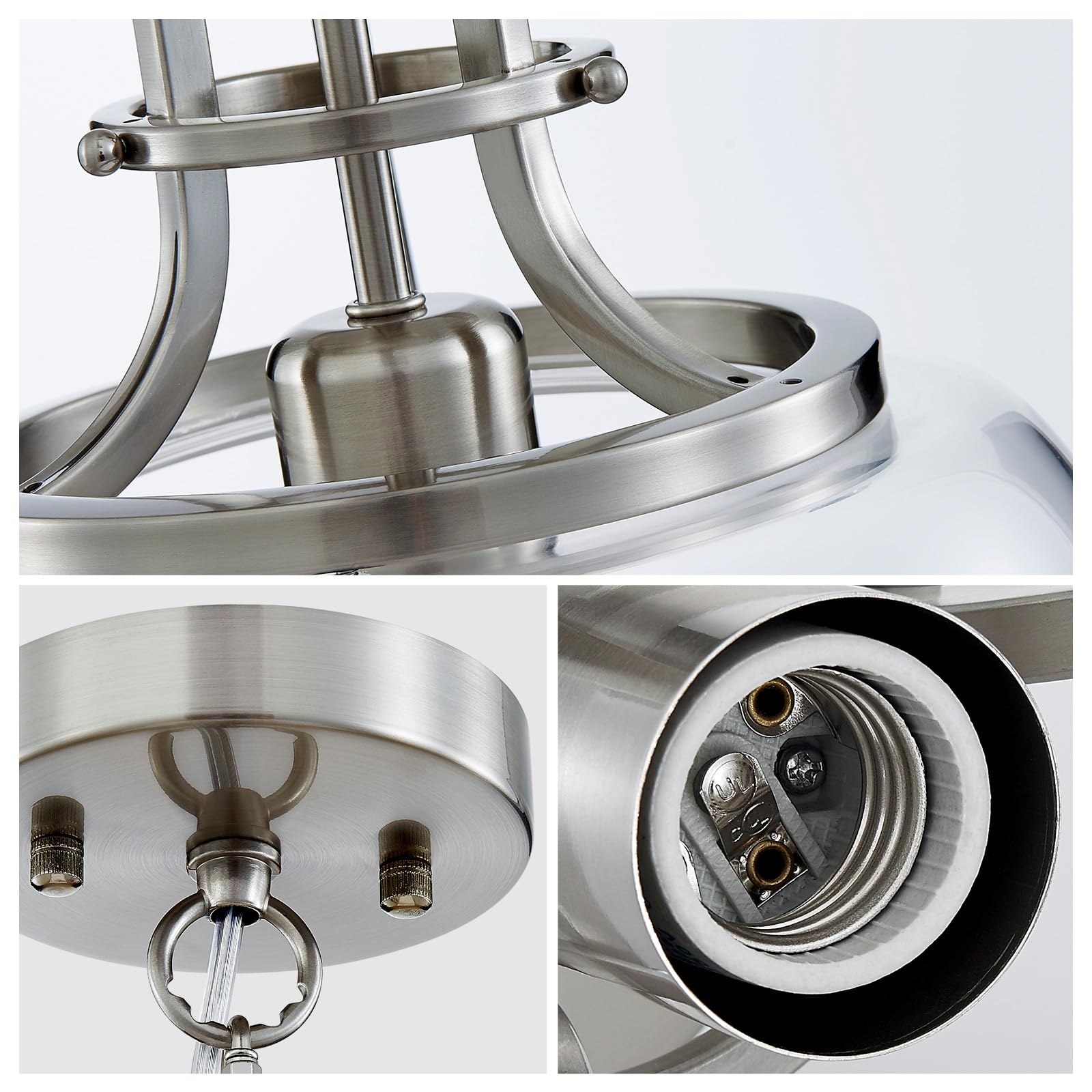 Wuzups Rustic Farmhouse Chandelier, Brushed Nickel Led Pendant Light With Glass Shades, 10&quot; Wide