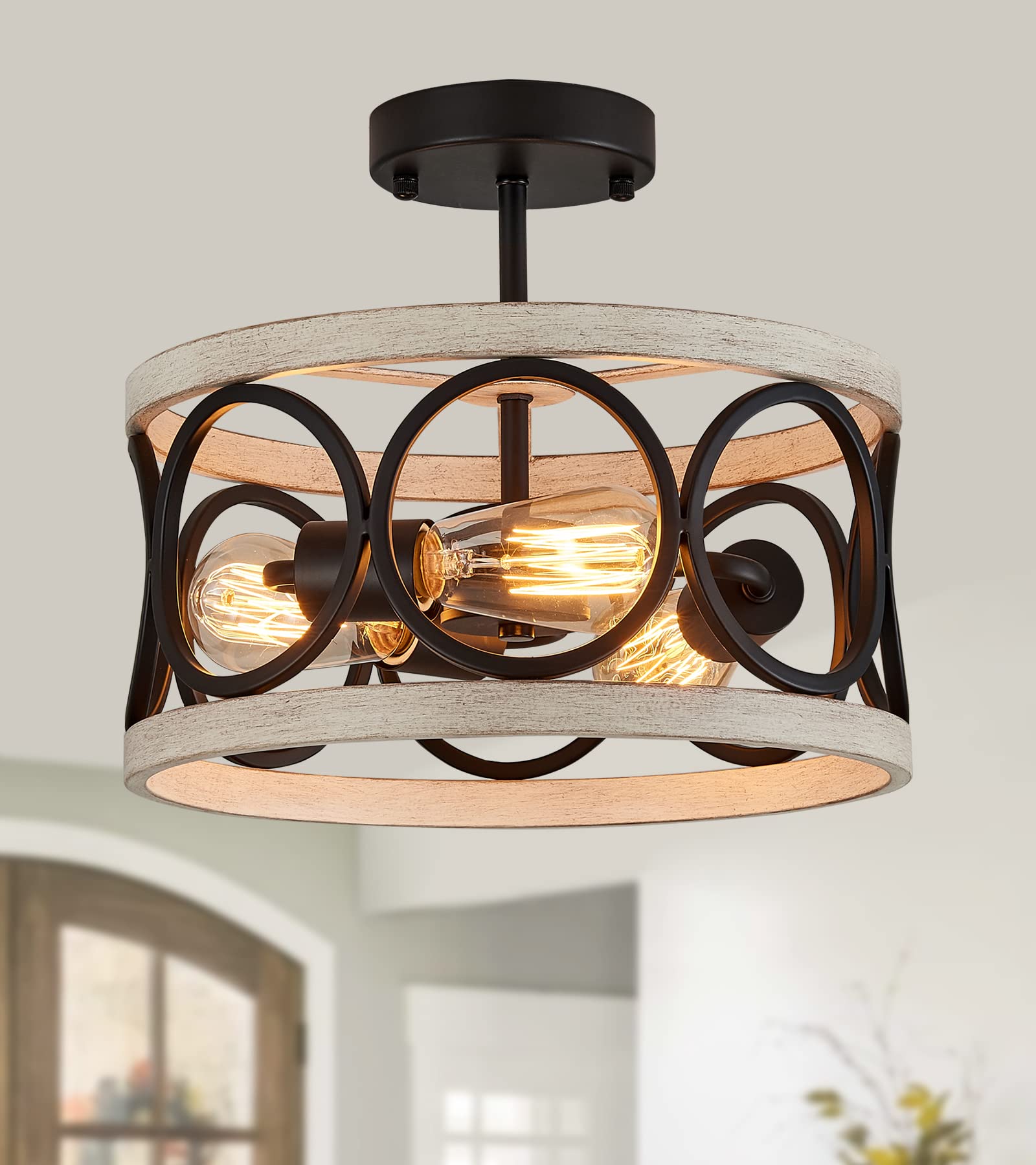 MEIXISUE 3-Lights Modern Farmhouse Ceiling Light Fixture Black and White Birch Finish Round Metal Flush Mount Ceiling Lights for