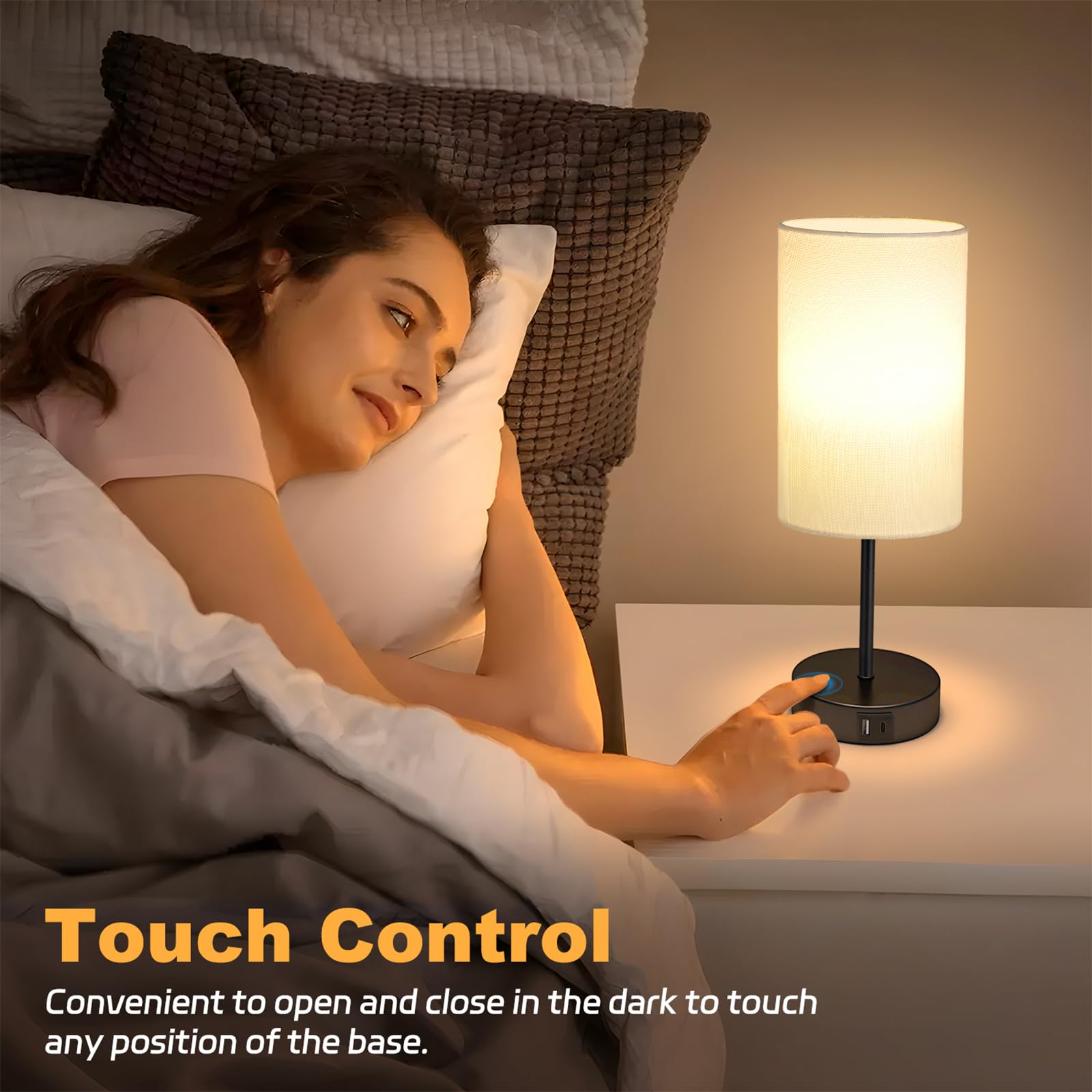 AKASUKI Table Lamp, 3 Way Dimmable Touch, 14.25 in, Metal, White Shade-Black Base, Model XTD-Y, LED Bulb Included