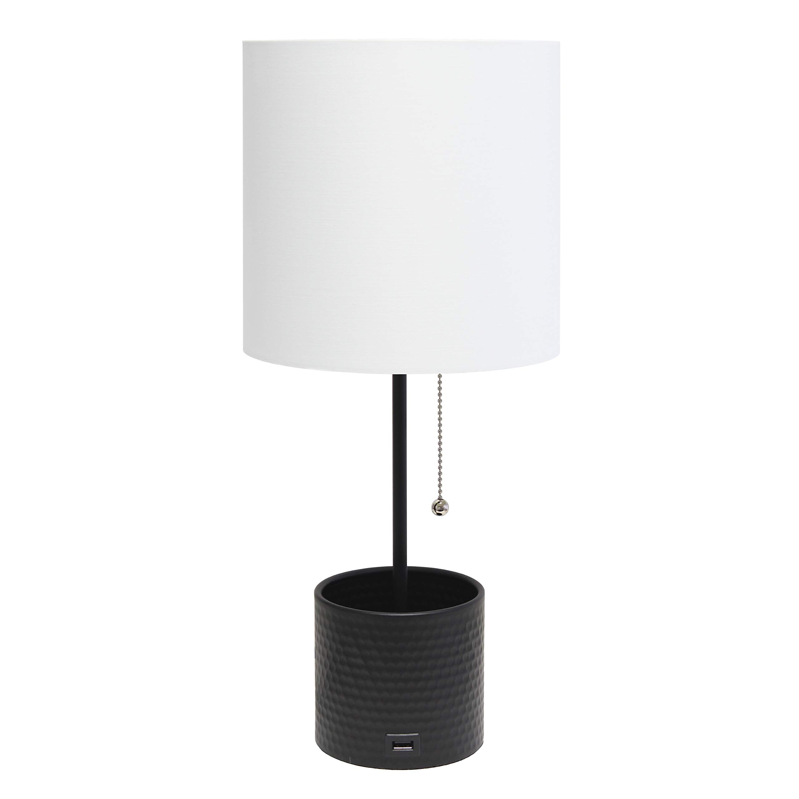 Simple Designs Lt1085-Blk Hammered Metal Organizer Table Lamp With Usb Charging Port And Fabric Shade, Black