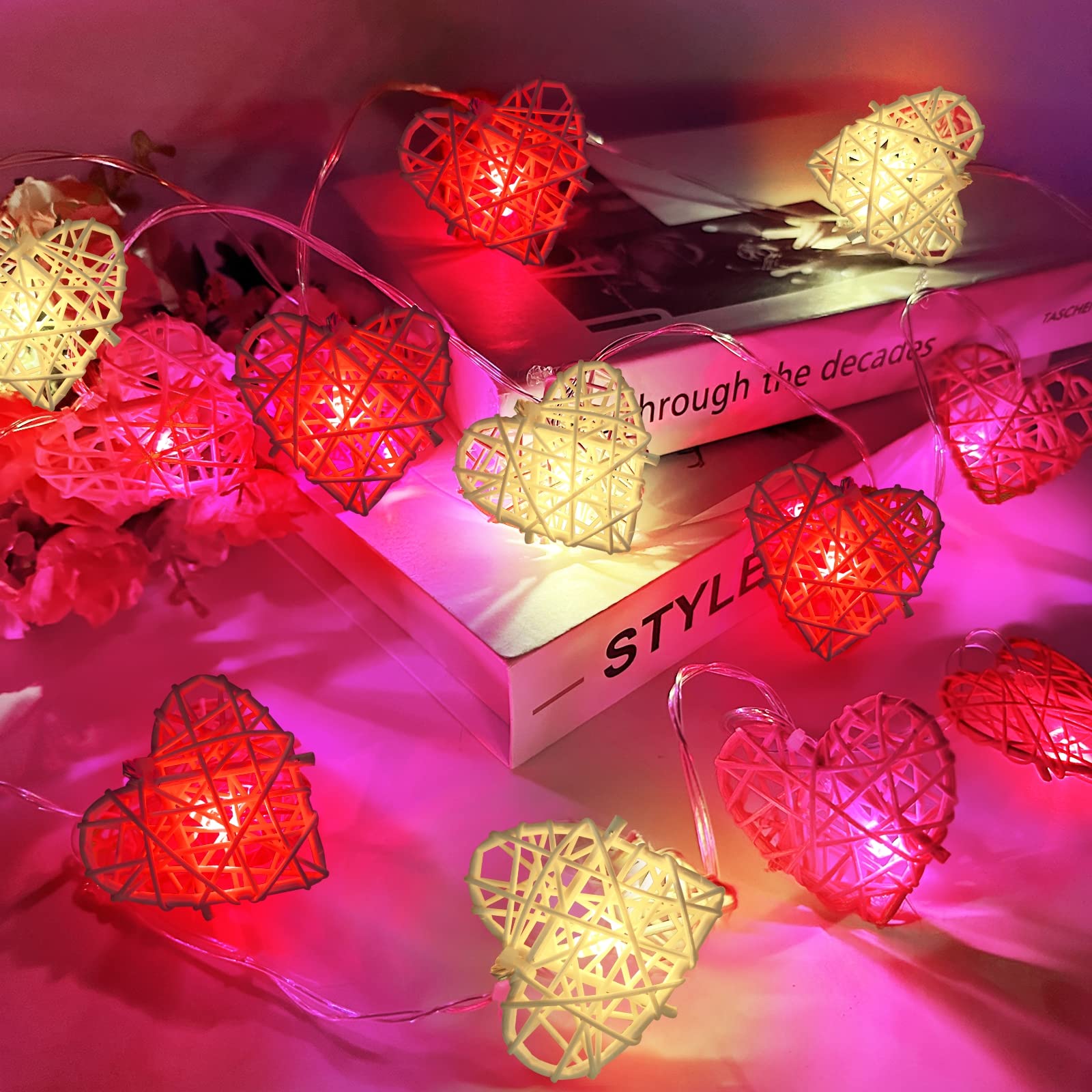 [Timer&Tricolor] Valentines Lights Valentines Day Decorations, Red Pink White Heart Lights, Battery Operated 12LED 6.5Ft 3D Hollowed Rattan Heart Garland String Lights for Indoor Bedroom Home Party