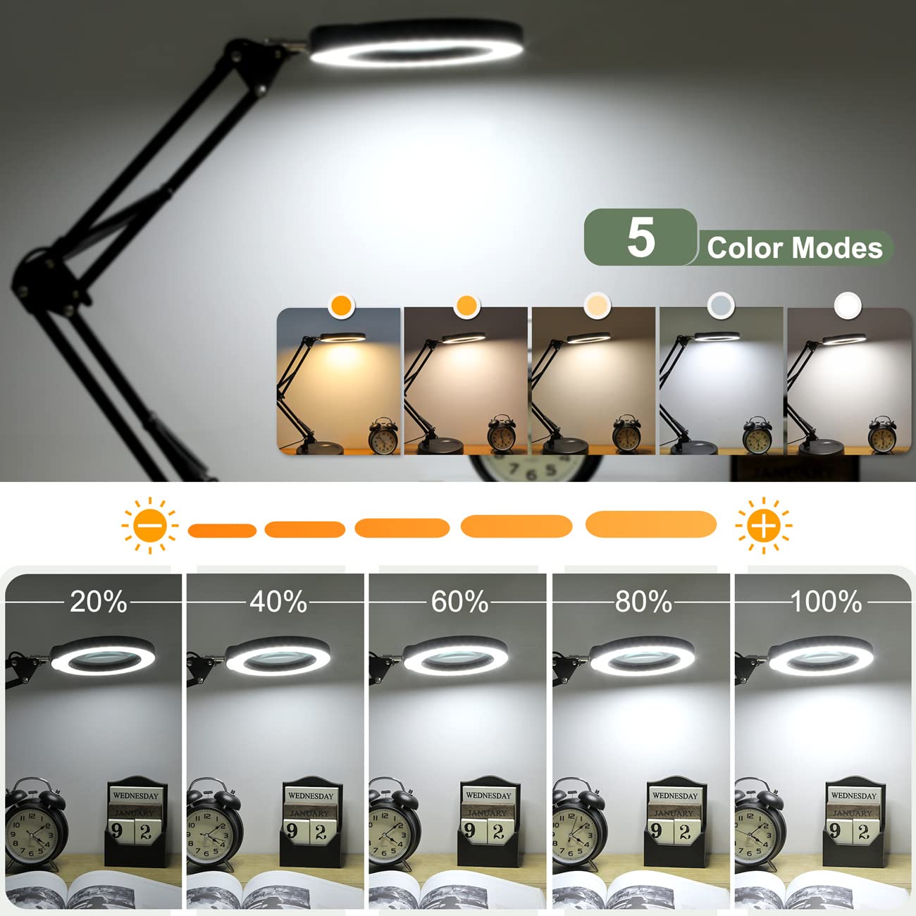 Krstlv 8X Magnifying Glass With Light And Stand, Upgrade Button 5 Color Modes Stepless Dimmable, 2-In-1 Led Lighted Magnifier Light, Hands Free Desk Lamp With Clamp For Craft Hobby Reading Close Work