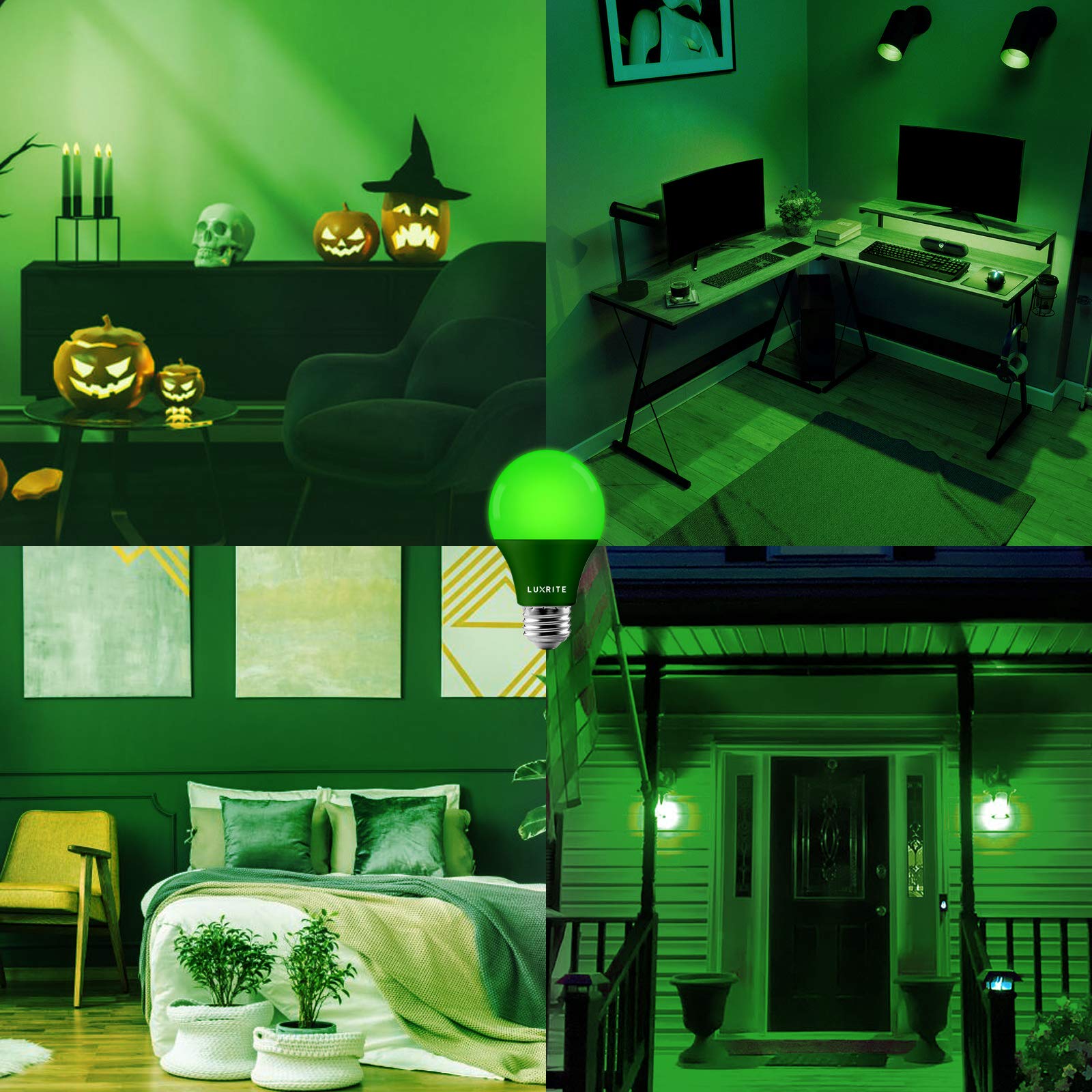 LUXRITE A19 LED Green Light Bulb, 60W Equivalent, Non-Dimmable, E26 Base, 2 Pack