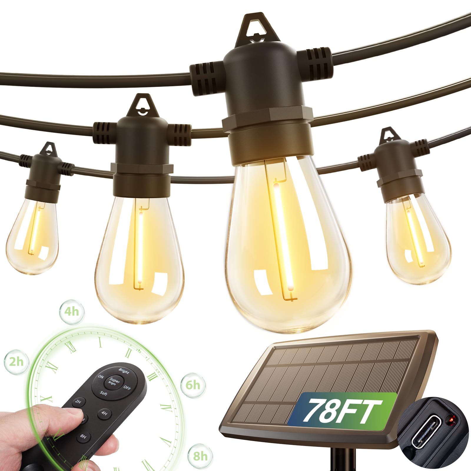 addlon 78(72+6) FT Solar String Lights Outdoor Waterproof with USB Port & Remote Control Solar Patio Lights Long Last for 20+Hrs