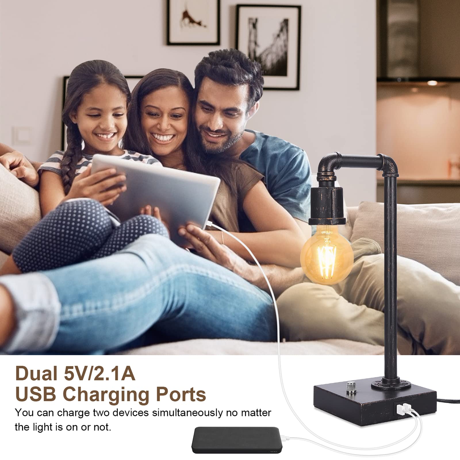 Industrial Table Lamp, Vintage Bedside Lamp With Usb Charging Port Dimmable Steampunk Office Lamp Metal Pipe Edison Reading Lamp