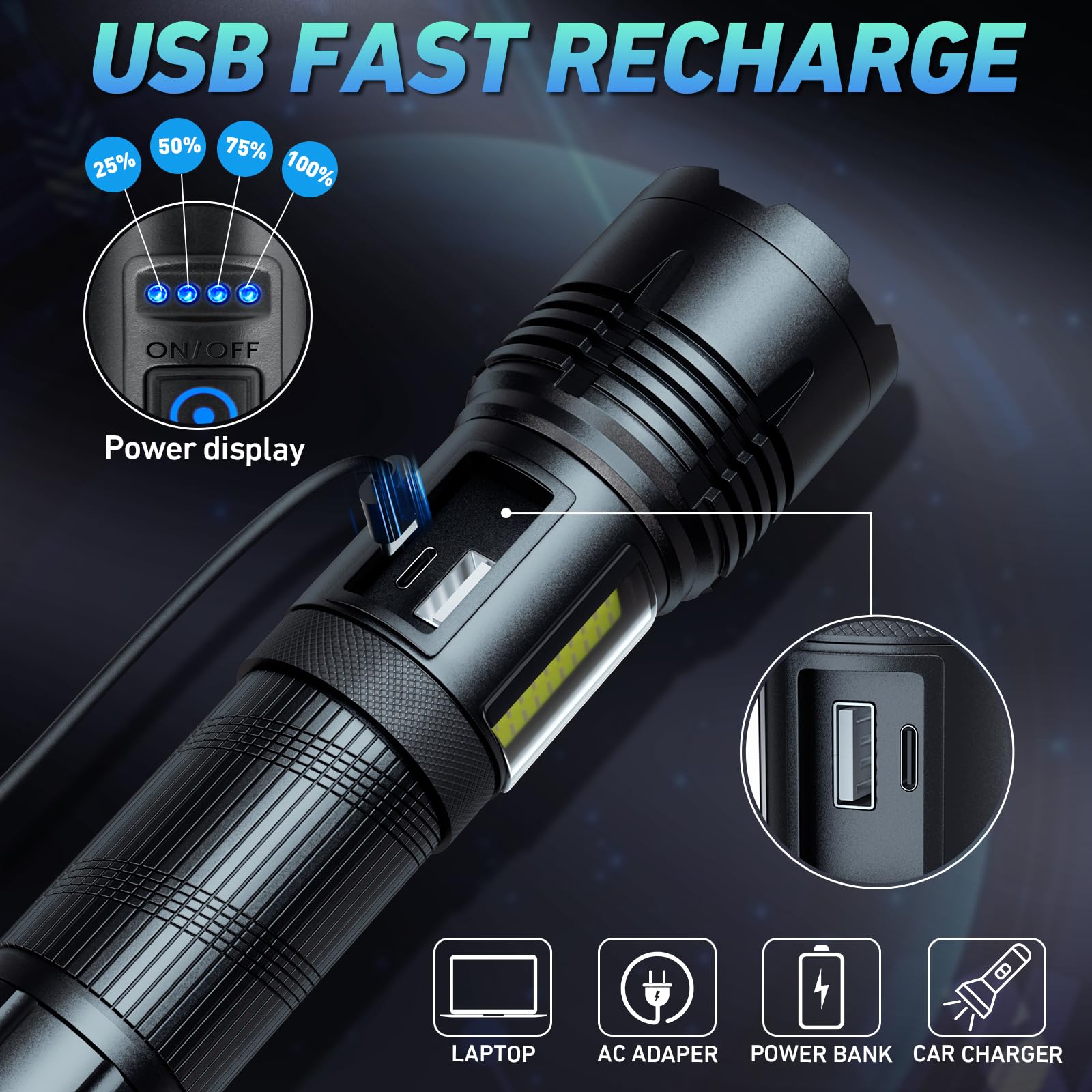 SKNSL Rechargeable LED Flashlight High Lumen 990,000 Lumens 7 Modes IPX7 Waterproof Black Model M001-COB
