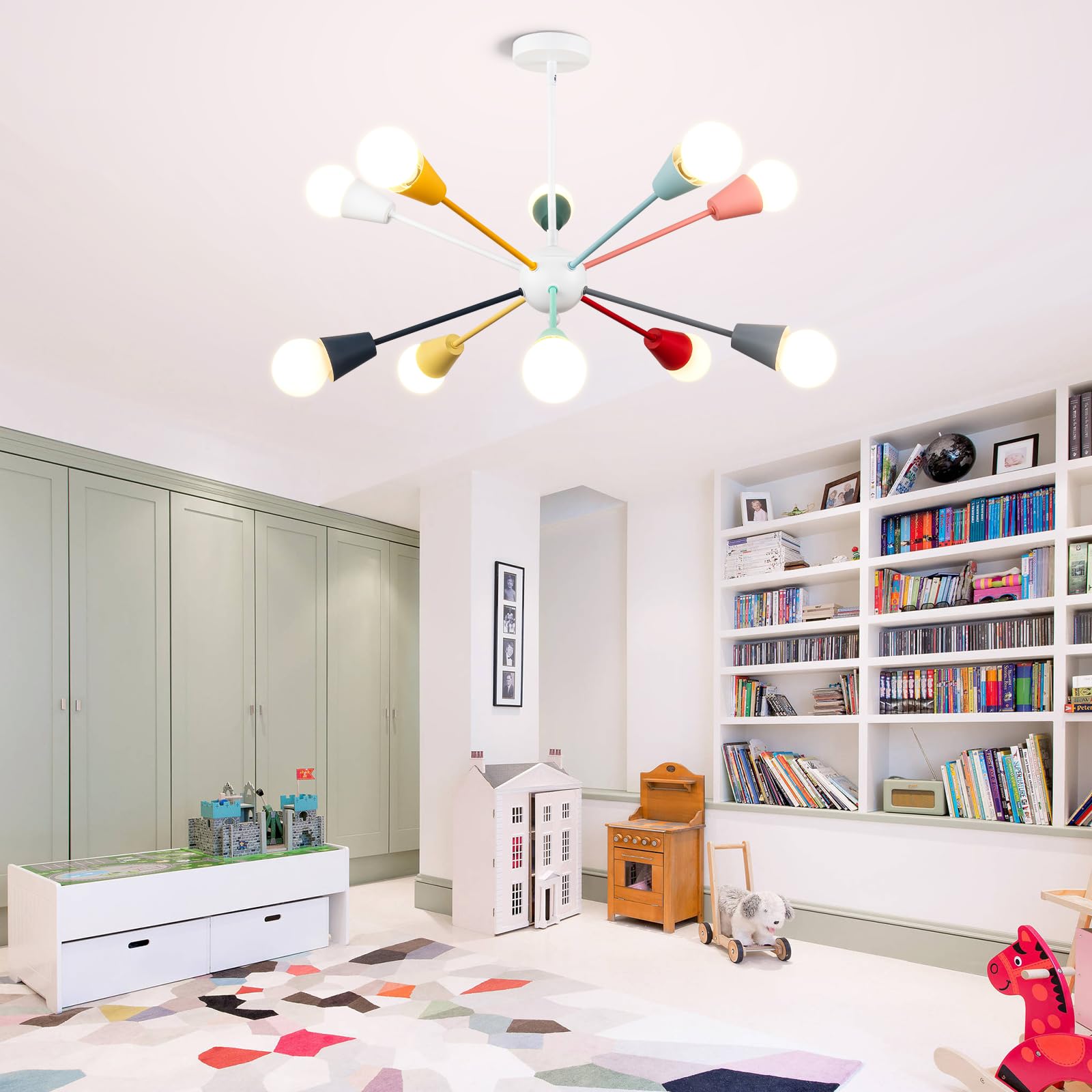 Ymlii 10-Light Colorful Sputnik Chandelier, Height Adjustable Iron Fixture for Dining Room, Kids Bedroom, Multi-colored