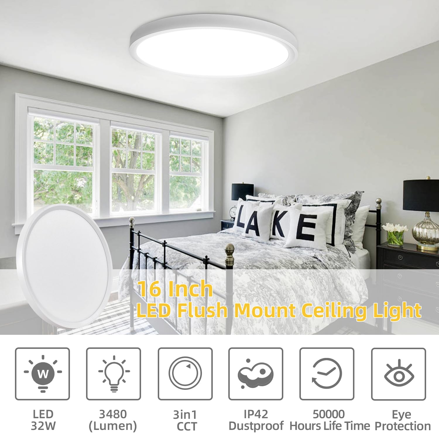 4Pack 16Inch Led Flush Mount Ceiling Light: 32W 3480Lm Low Profile Led Ceiling Light, 3000K/4000K/6000K 3 Color Selectable Super Slim Led Round Flat Ceiling Light For Room Hallway Bathroom, White