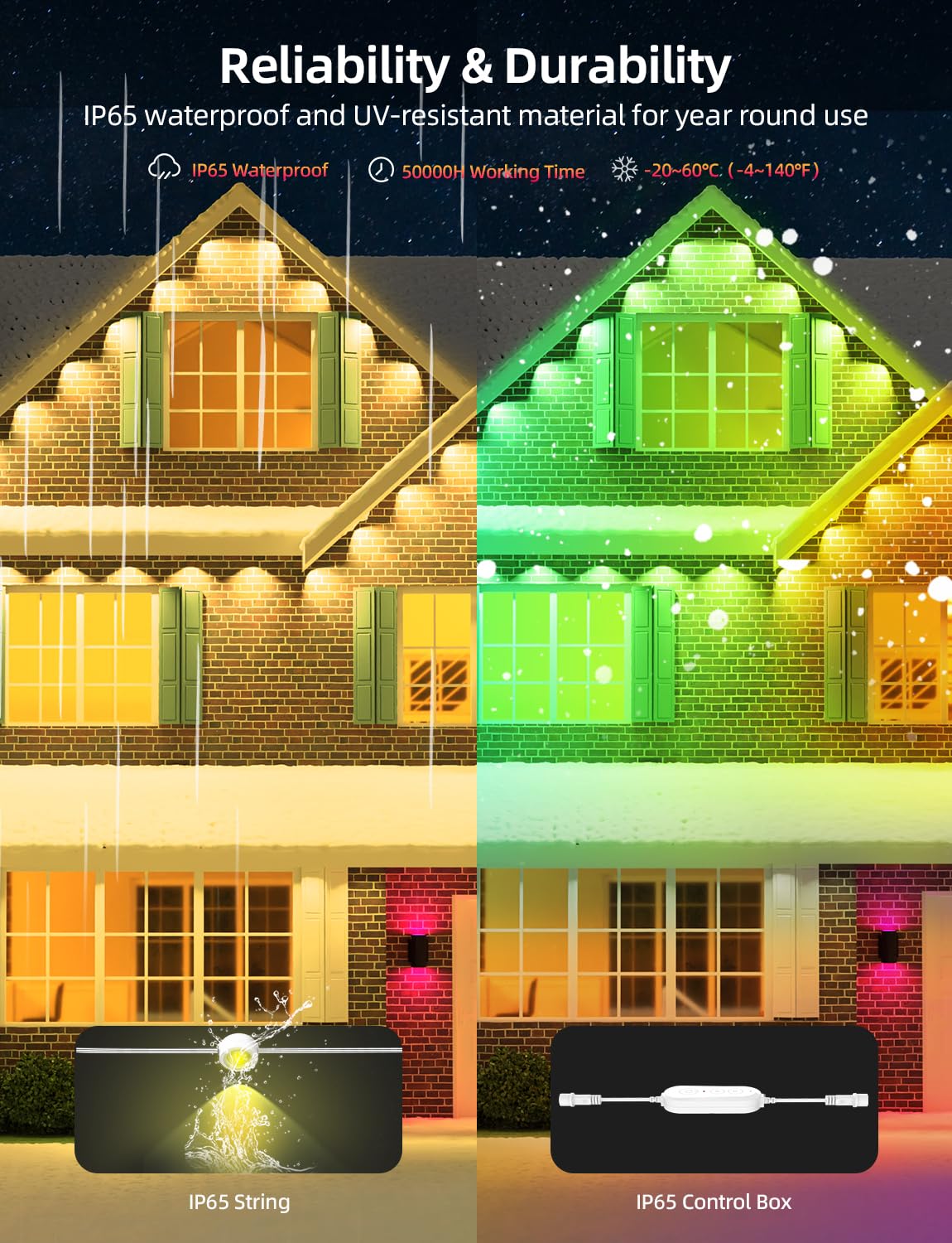 APPECK 100ft Permanent Outdoor Lights, 72 LEDs, Smart RGBW, White, C5109-C, App & Remote Control, Works with Alexa/Google Assistant