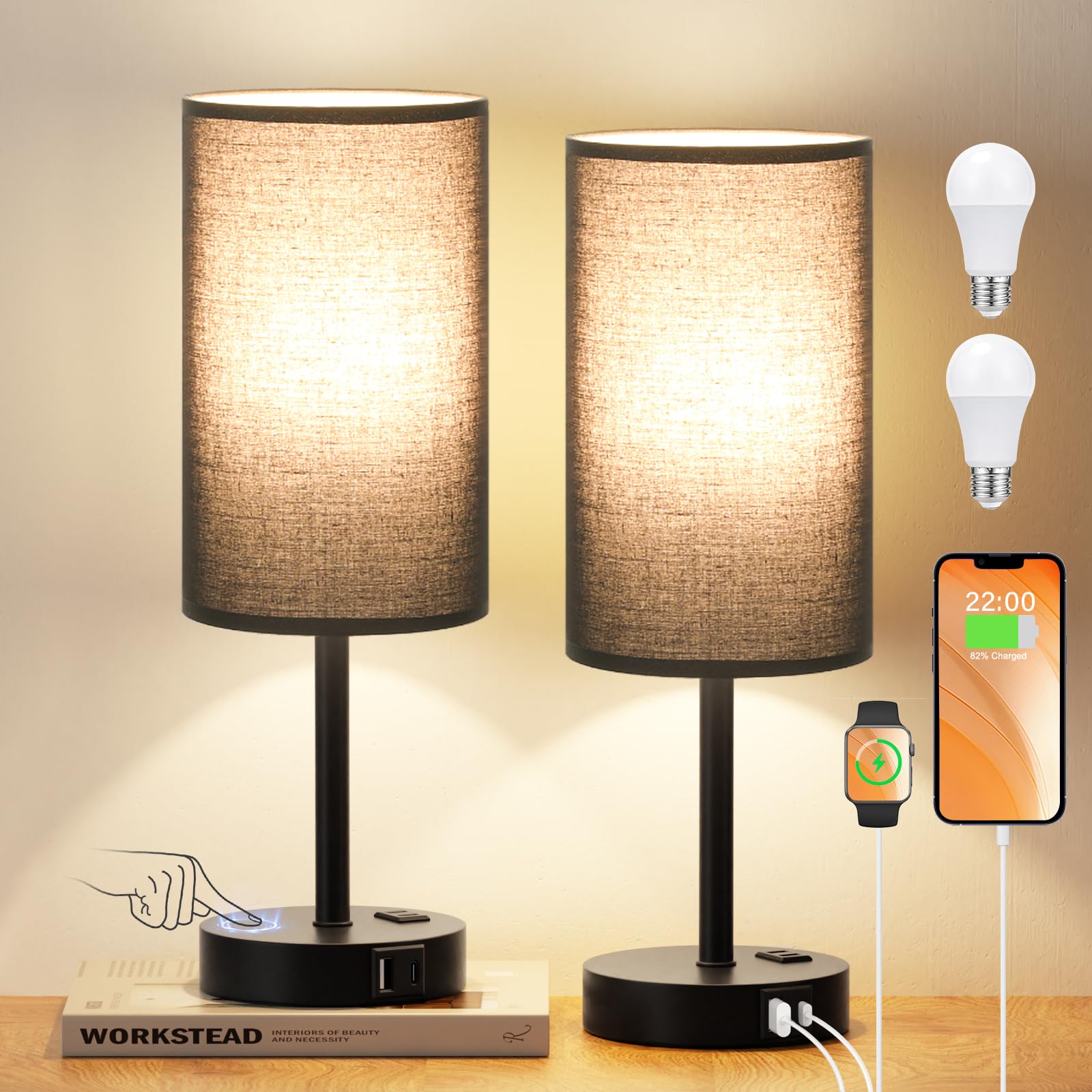 17.4Inches Tall Black Touch Table Lamps Set - 3 Way Dimmable Bedside Lamps With Usb C And A Ports, Small Lamps For Nightstand Wi