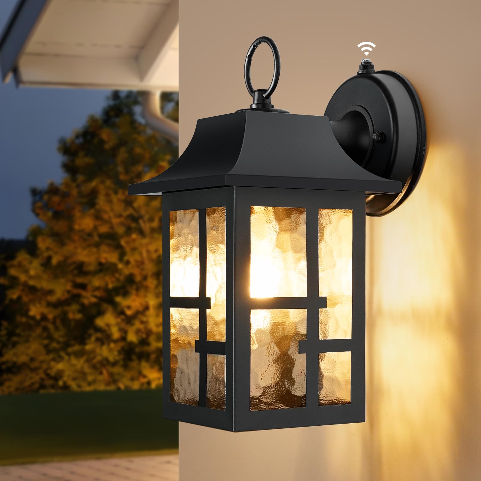 OKELI Outdoor Wall Lights, Waterproof Lantern with Water Ripple Glass Shade, 11.4in, Black, Model SWL-OK100, 1 Pack