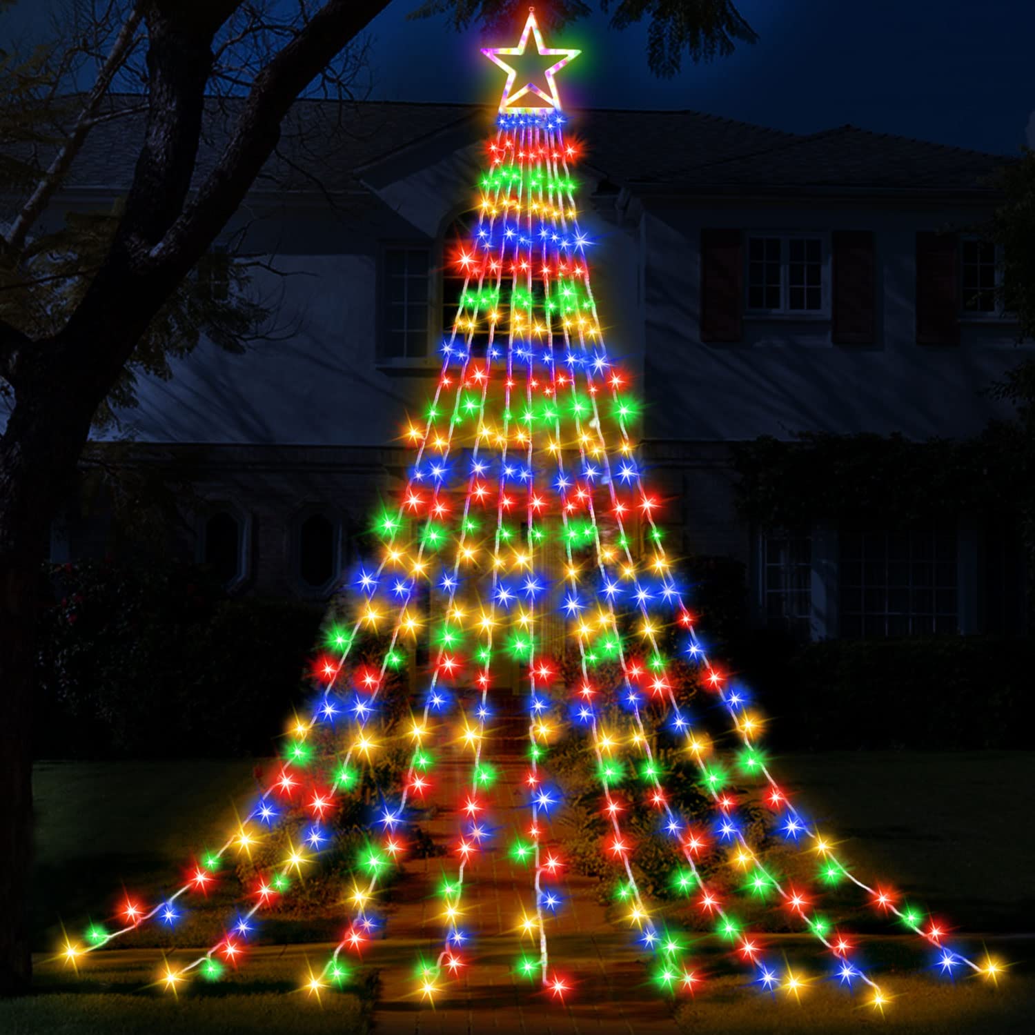 ZhenQiu Christmas Decorations Star String Lights, 320 LEDs Outdoor Waterfall Tree Lights with 13 Topper Star, Plug in Waterproof