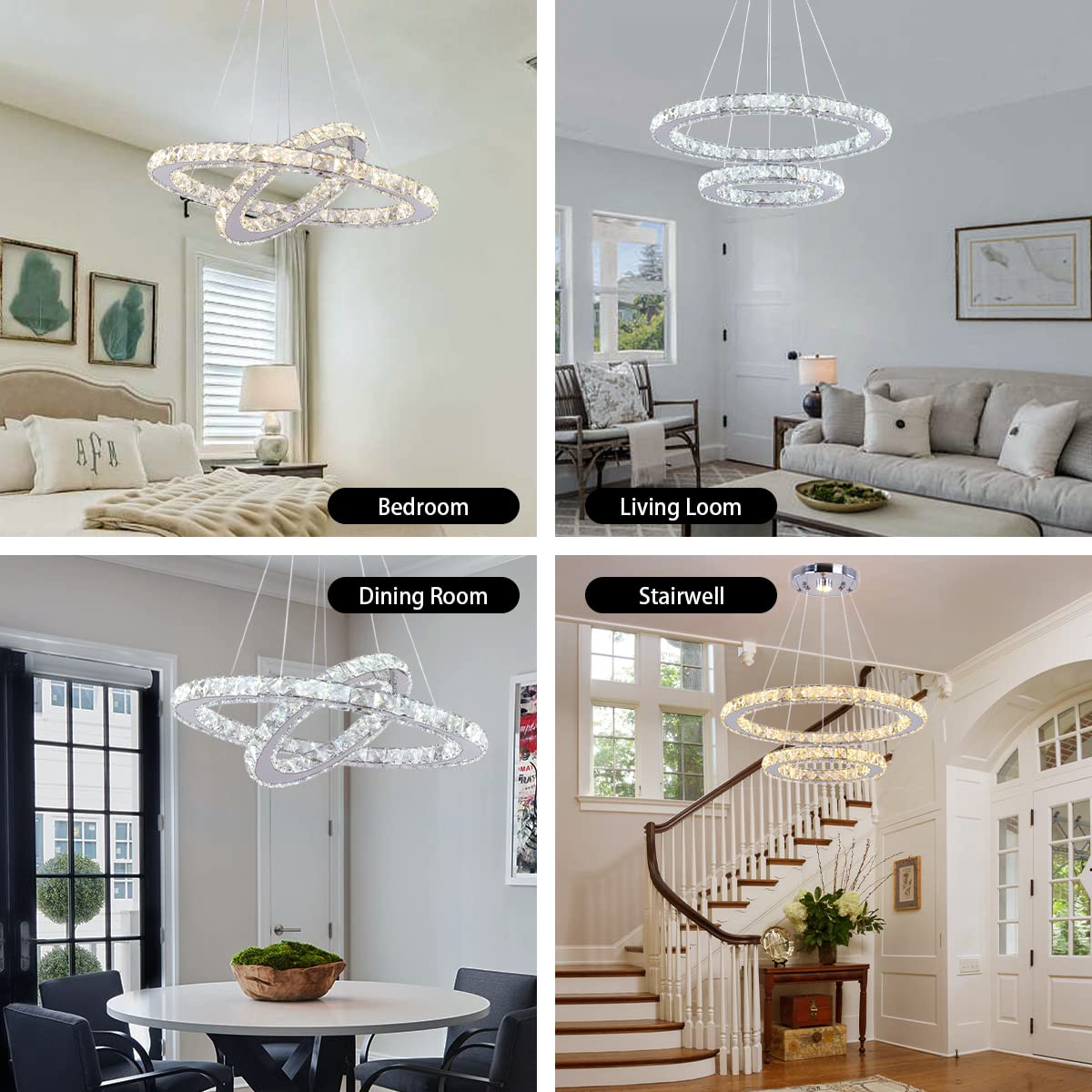 Led Chandelier Modern Contemporary 2 Rings Pendant Light Adjustable Stainless Steel Crystal Ceiling Lighting Fixture For Bedroom