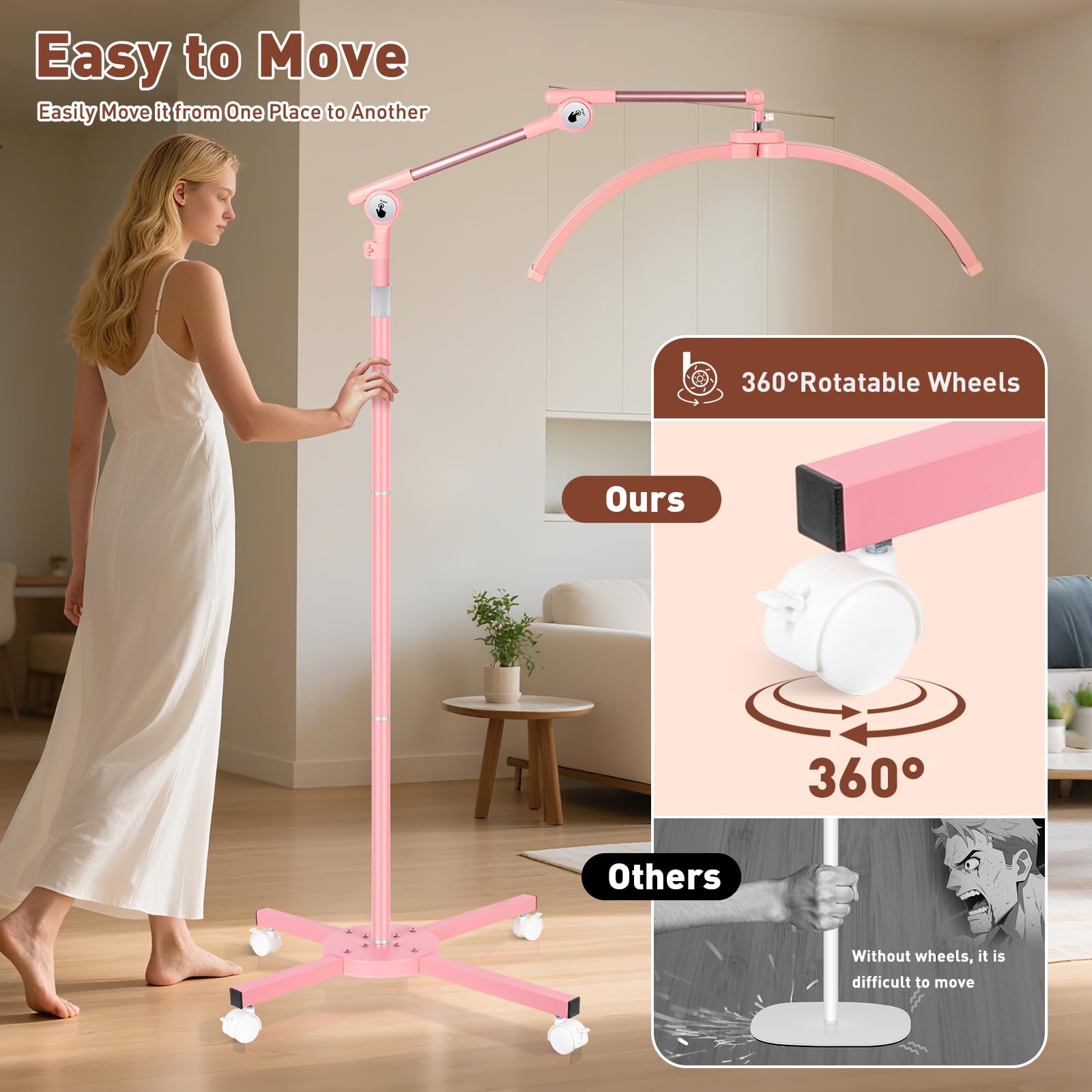 Hitti Half Moon Light For Eyelash Extensions Tattoo Artists  2025 New Upgrad Led Lash Tech Light With 4 Wheel Rolling Base  Large Floor Lamp 5 Color Modes Stepless Dimming & Phone Holder-Pink