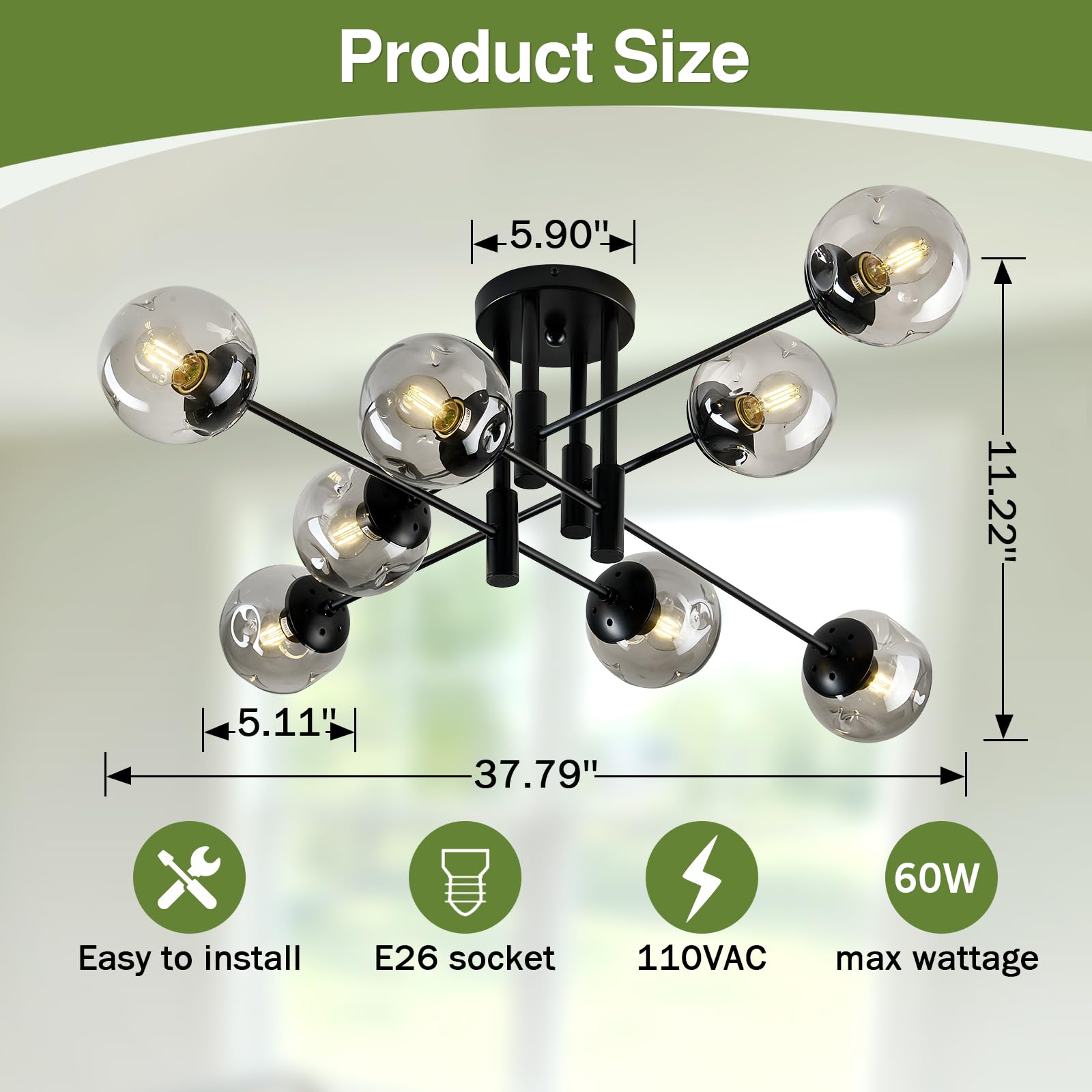 SZXYKEJI 8-Light Black Iron Glass Globe Ceiling Light Fixture, Mid Century Flush Mount Chandelier for Living Room, Dining Room, Kitchen