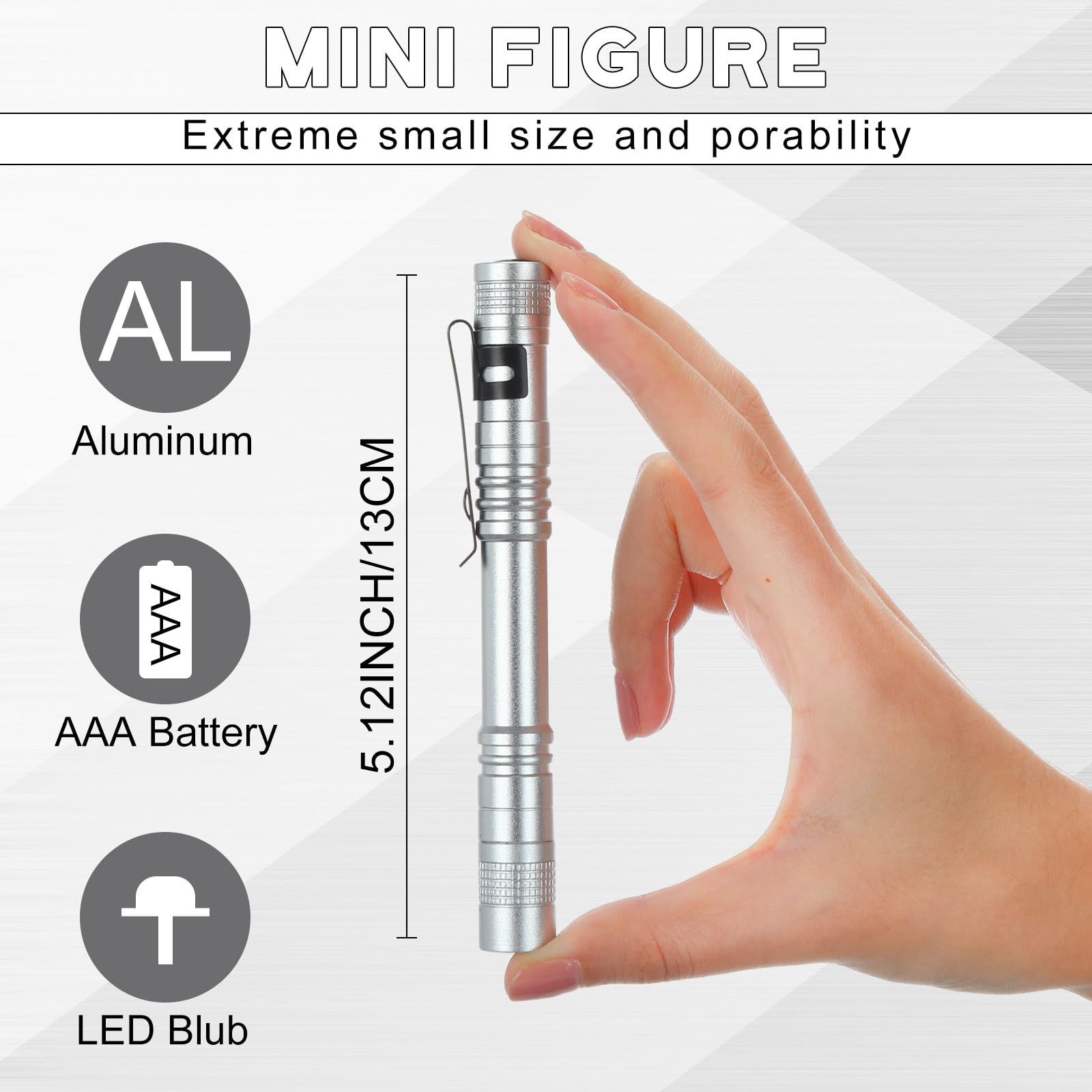 Hortsun Mini Pen Light Flashlights, 5.12 Inch, Aluminum, Silver White, 20 Pcs, Pocket Size LED Torches for Gifts