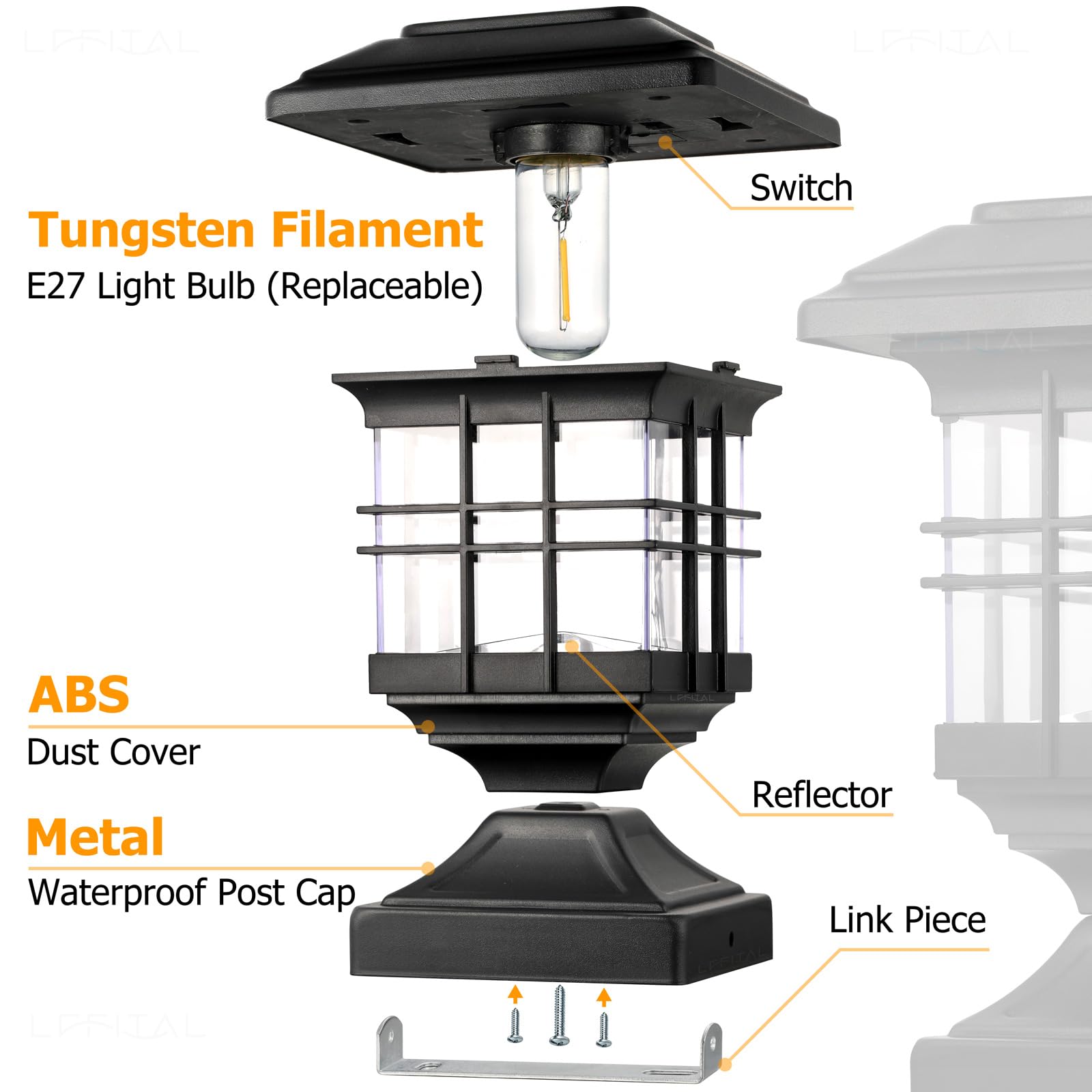 Lffital Solar Post Lights Outdoor Solar Cap Lights Deck Fence Cap For 4X4 5X5 6X6 Posts Patio Garden Courtyard Bright Decoration Fixture Waterproof Warm White Lighting Black (4Pack)