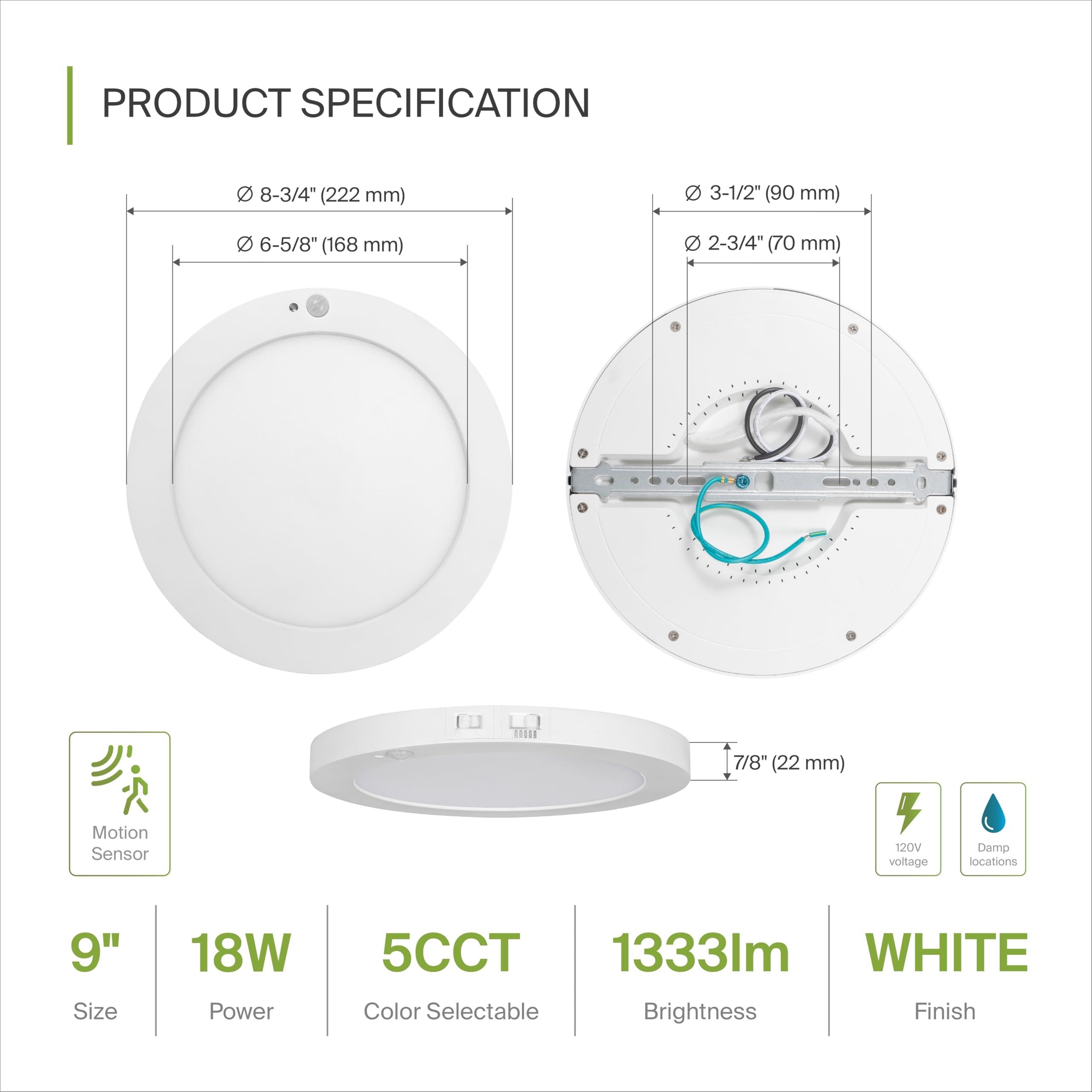 Asd Led 9 Inch Round Flush Mount Ceiling Light Fixture | 15W 1300Lm 2700-6000K 120V | 3Cct, Motion Sensor, Ultra Slim, Etl Liste