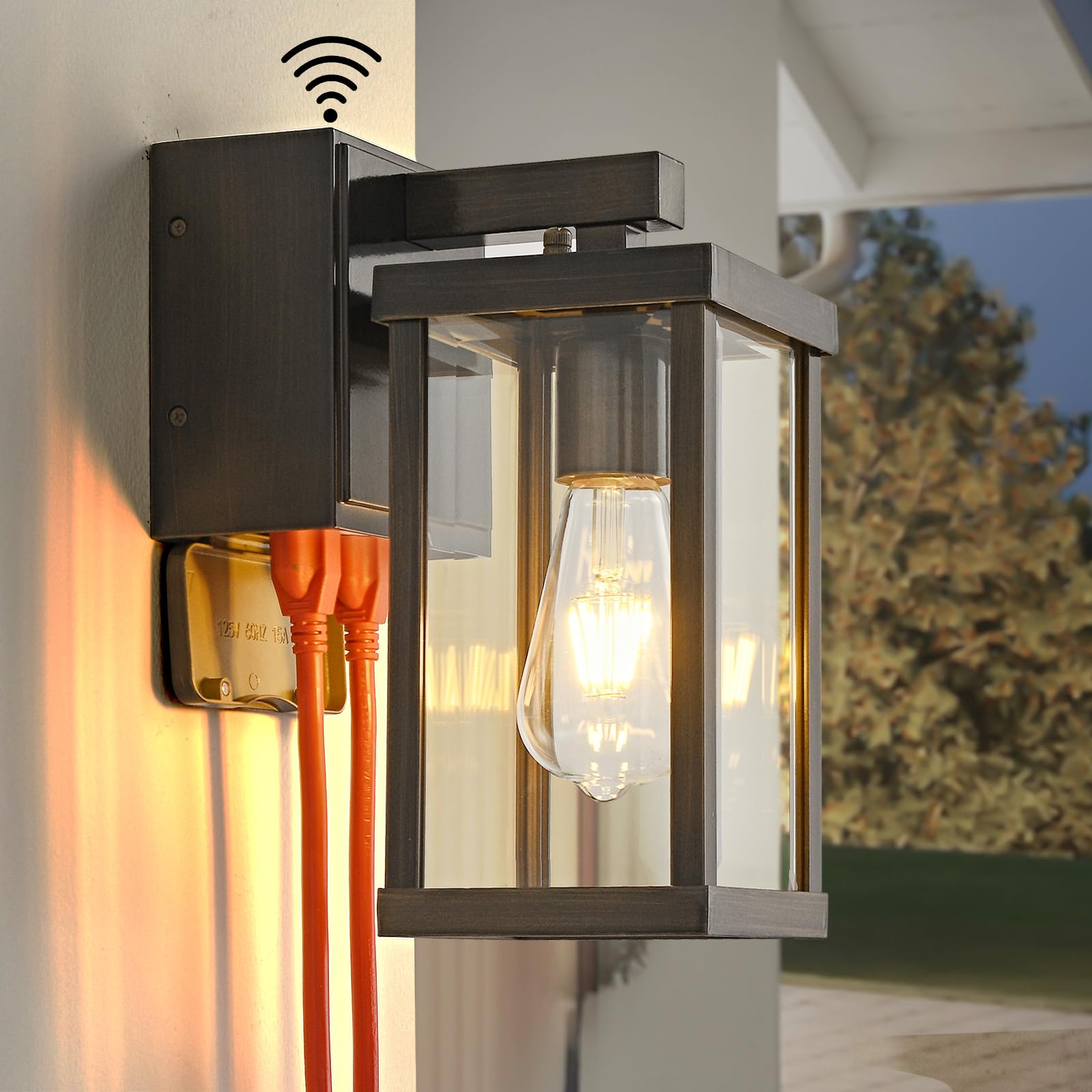 JOKAONOTL Dusk to Dawn Porch Lights with GFCI Outlets Waterproof Outdoor Wall Lights Exterior Lighting Fixtures Modern Outside Lights Wall Mount for House Patio Garage Gold Brown 11.8  H 1PC