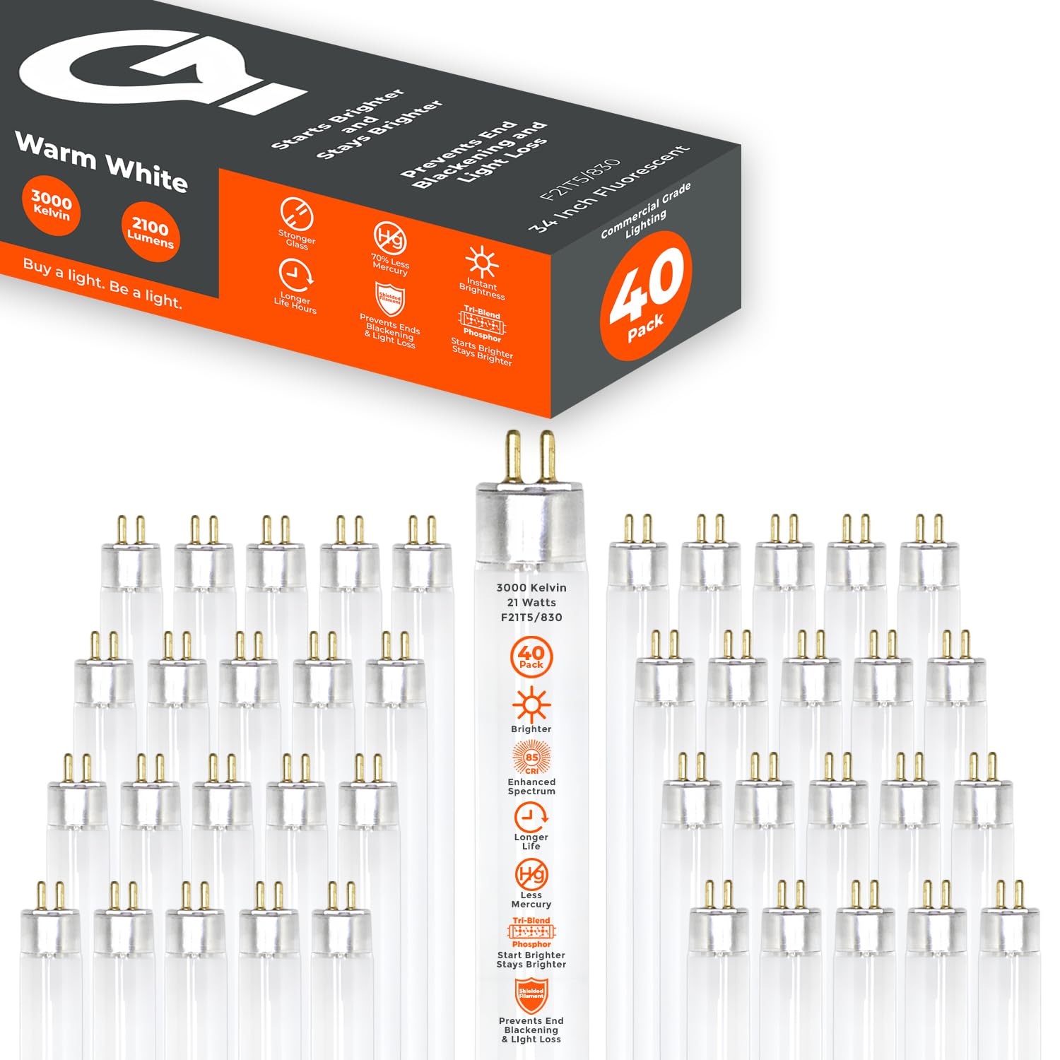 Goodbulb T5 Fluorescent Light Bulb, 21W, 3000K Warm White, 2100 Lumens, 40 Count Pack