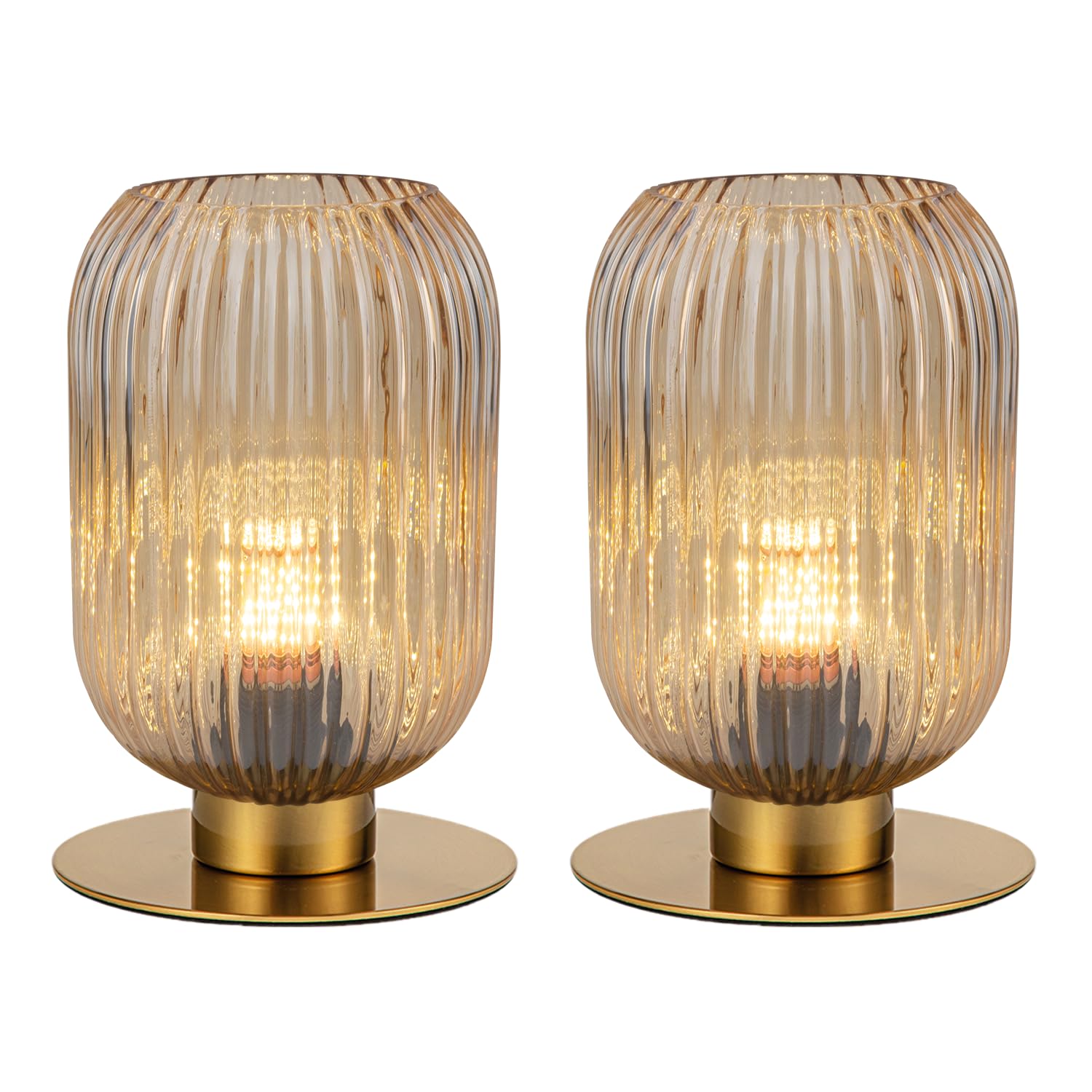 Soutas Table Lamp for Bedroom Nightstand Set of 2, Midcentury Modern Table Lamp Living Room Small End Table lamp, Amber Glass Be