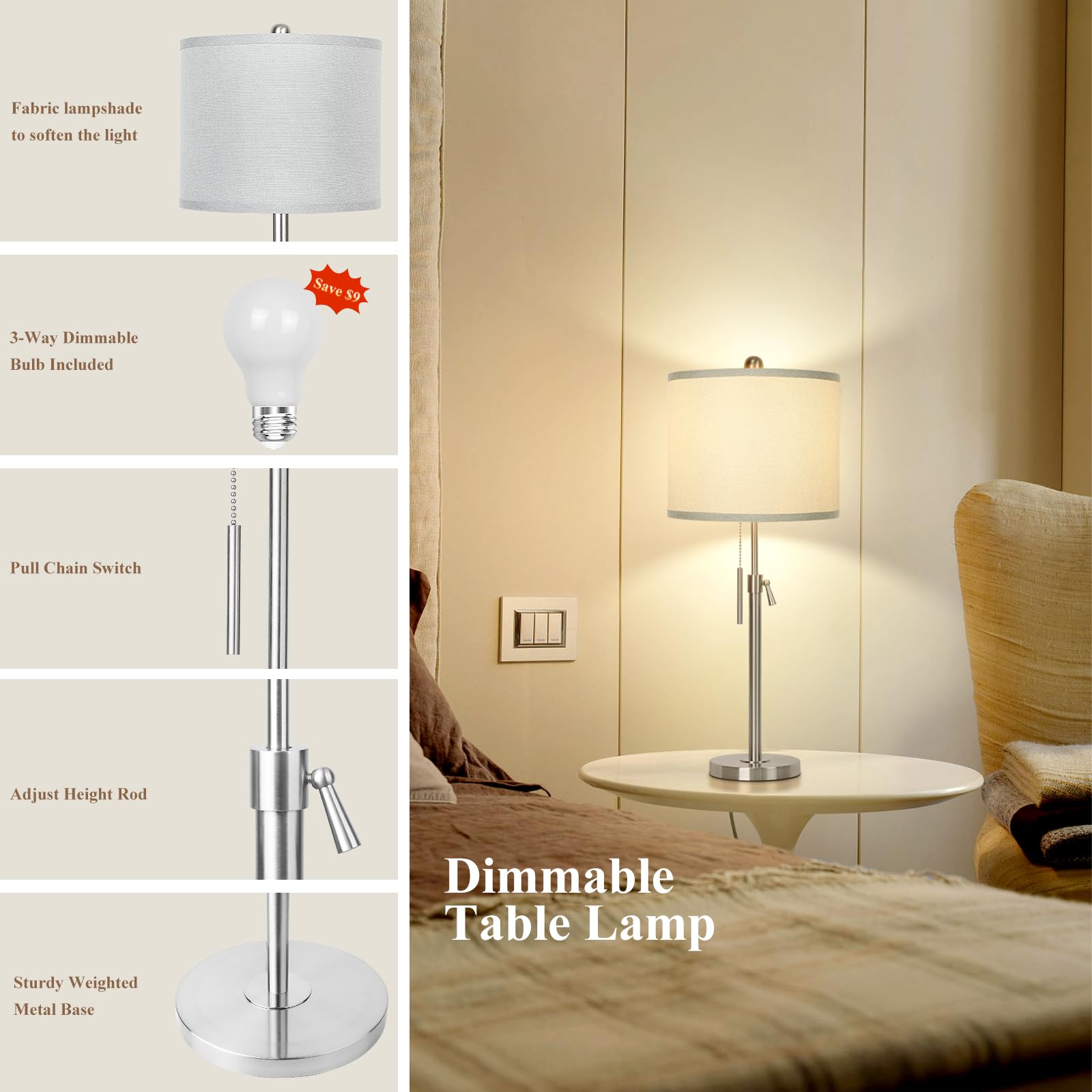 Brushed Nickel Table Lamps Set Of 2: 22'' To 30'' Height Adjustable Nightstand Lamps With Grey Linen Shade Pull Chain Switch Sil