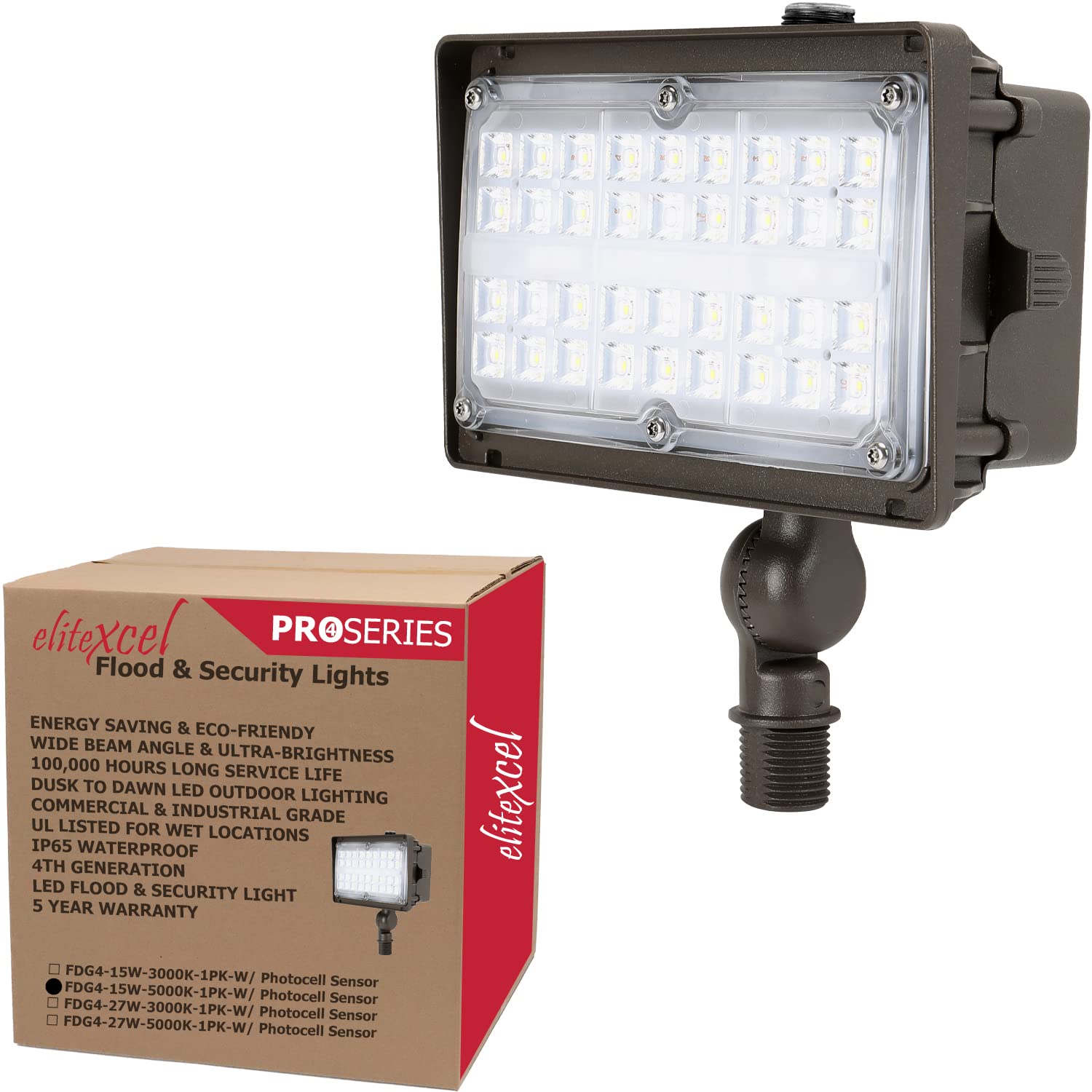 Elitexcel Dusk to Dawn Outdoor Security Flood Lights for Yard, Gen4 15W Industrial Landscape Lighting, 2000LM 5000K Daylight 50W
