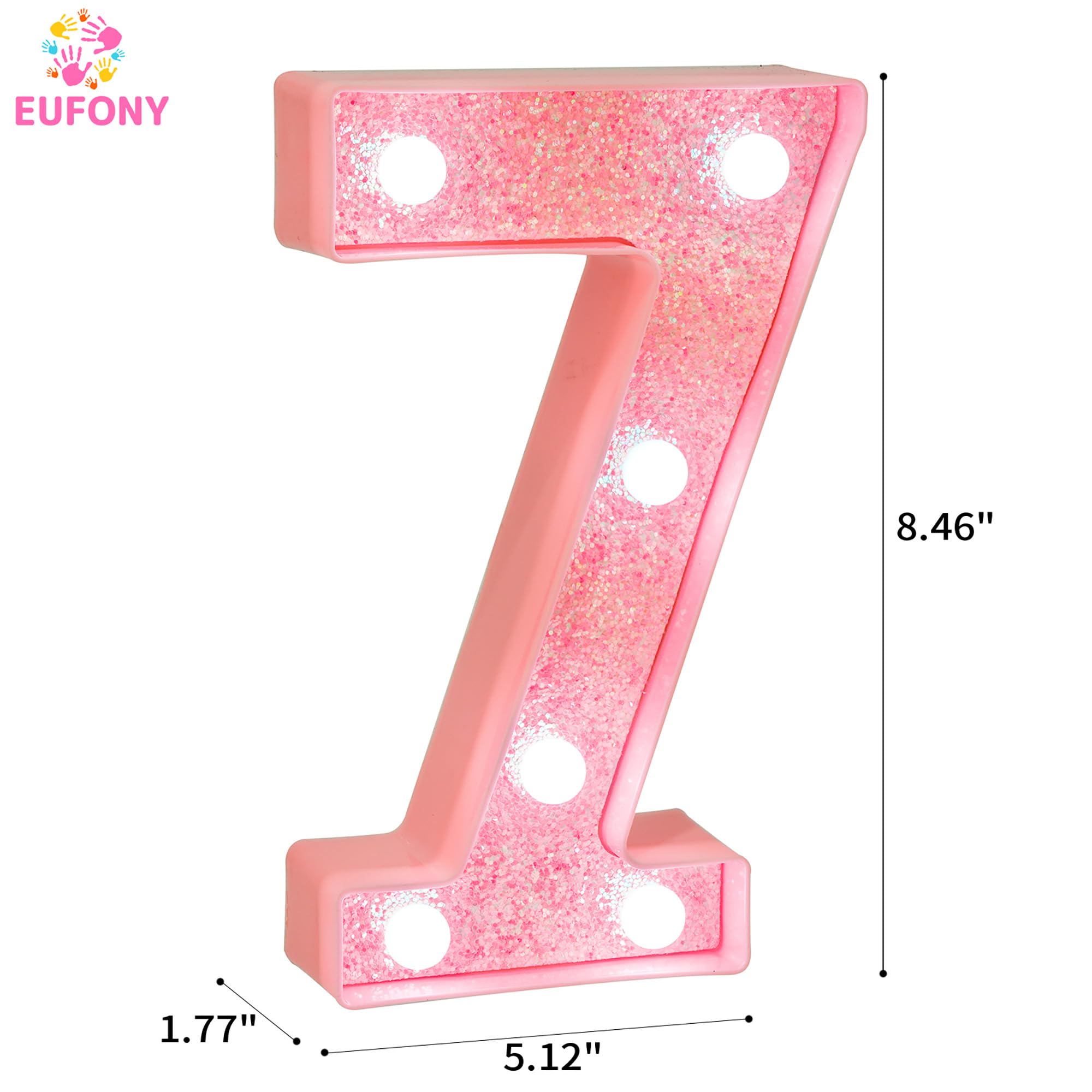 EUFONY Pink Glitter LED Marquee Light Up Number 7 with Cool White Lights, Battery-Powered Numbers sign for Girls Birthday Party