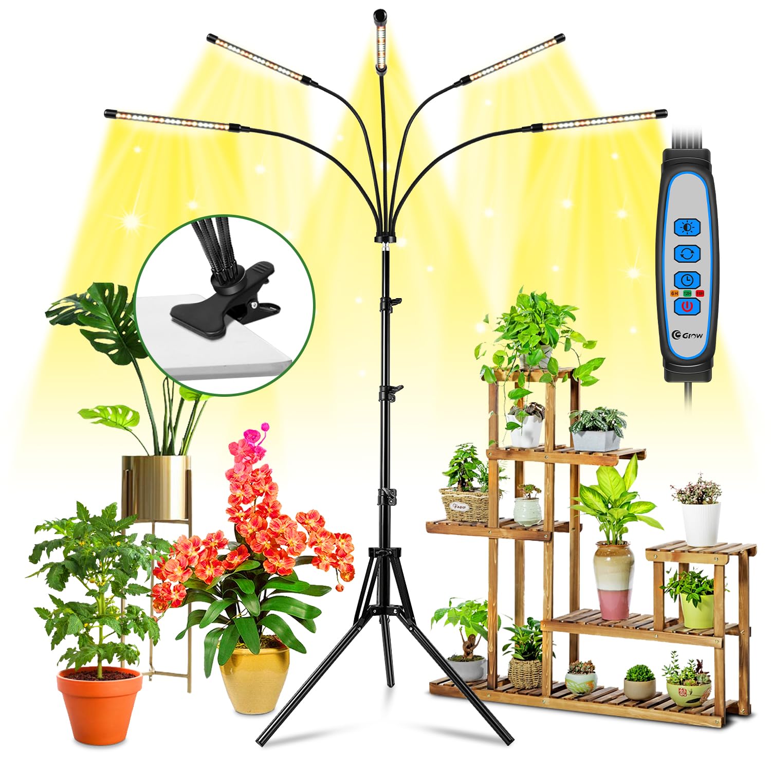 Wolezek Grow Lights For Indoor Plants Full Spectrum, Led Grow Light With Adjustable Stand And Sturdy Clip, 5-Heads Plant Grow Lights Indoor With Auto 6/12/16H Timer, 3 Light Modes, 5 Levels Dimmable