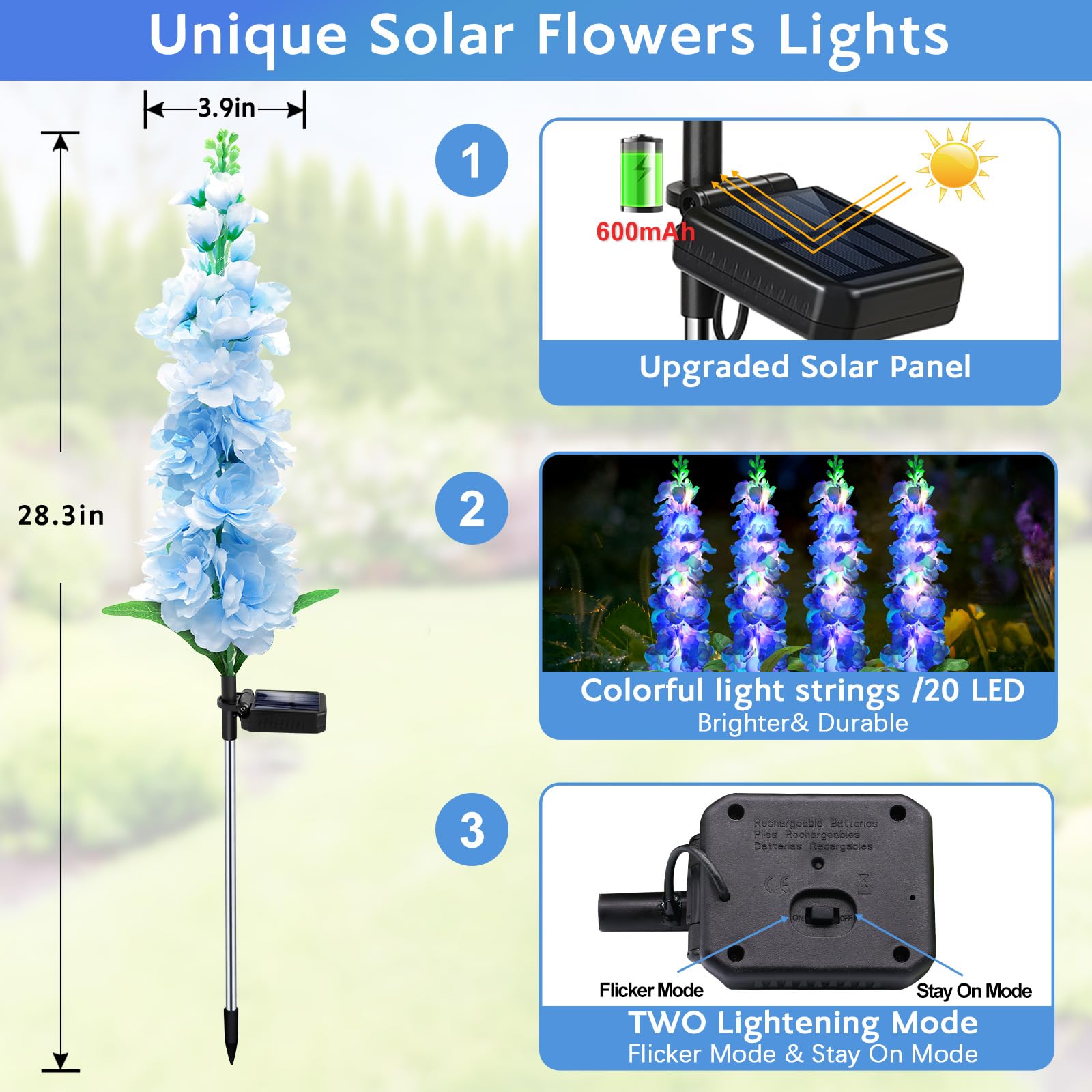 Mrhephaestus Solar Garden Lights  Solar Blue Delphinium Flowers Lights 8 Pack 160 Leds  Waterproof Outdoor Light Two Lighting Modes For Outside Wedding Party Garden Yard Patio Lawn Decor