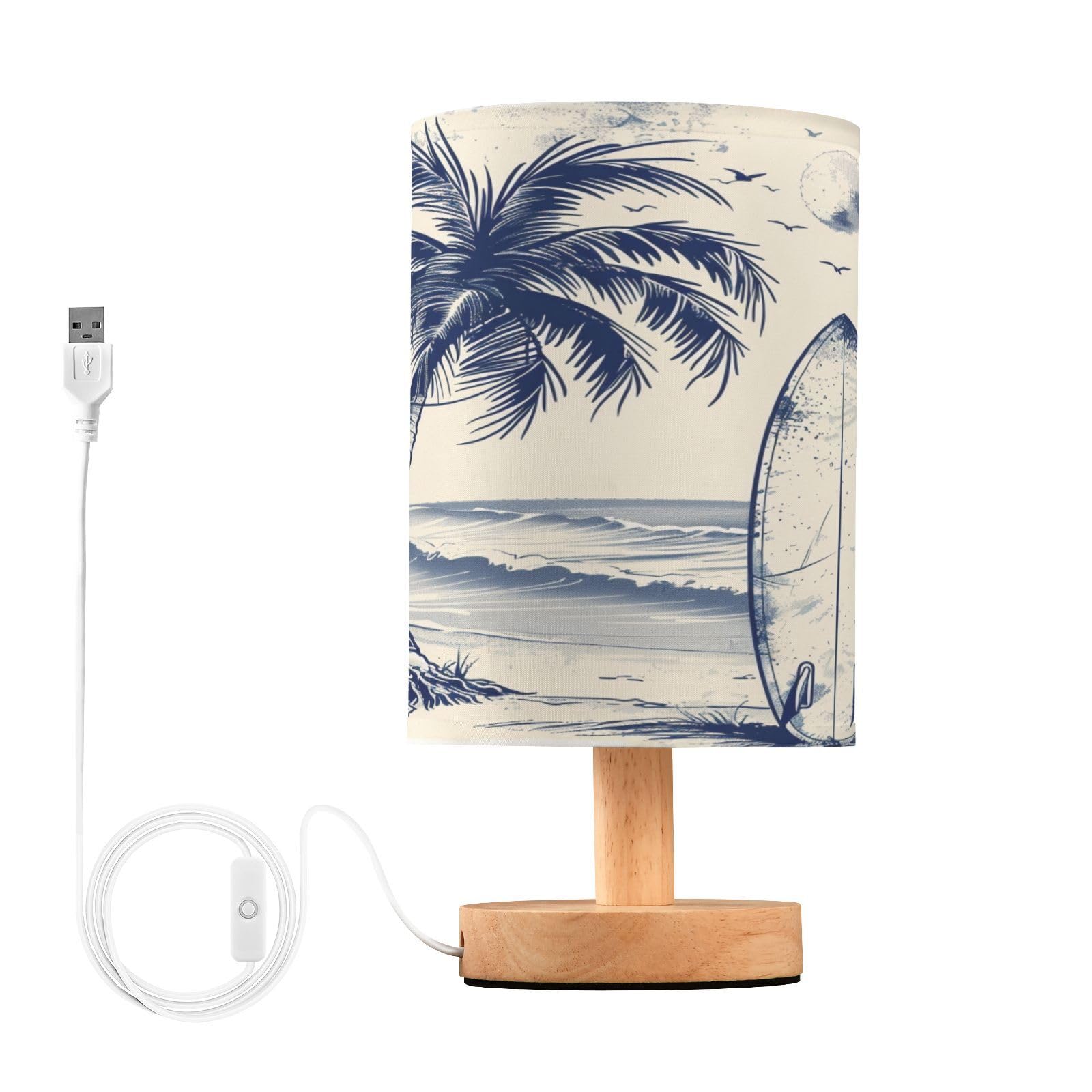 Coikll Surfboard and Beach Table Lamp Bedside with USB Ports Nightstand Lamps with Fabric Lampshade for Reading, Bedroom, Living