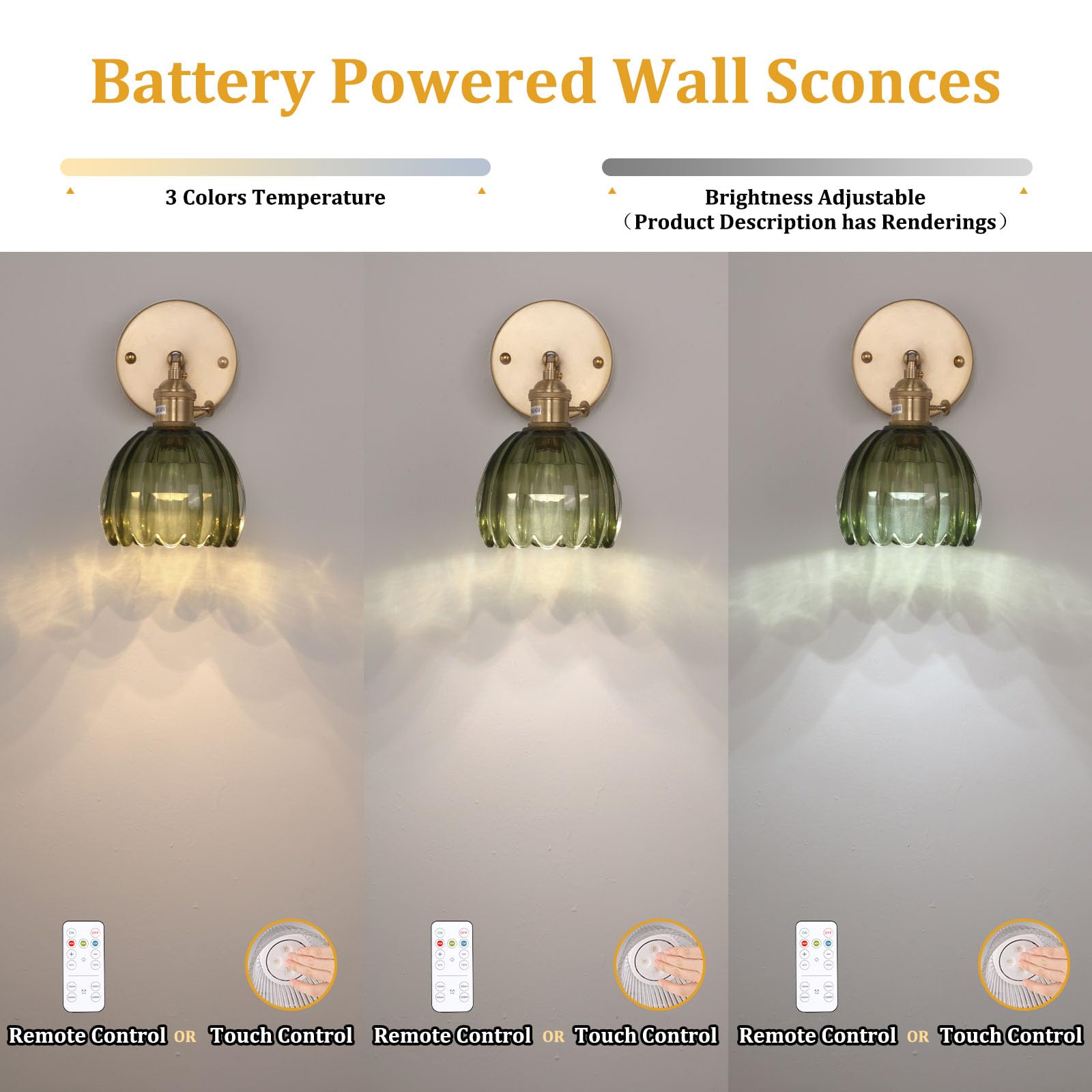 Shenmoyl Vintage Battery Operated Wall Sconce, Green Tulip Glass Lampshade, Wireless Rechargeable, Set of 2, Model 1-9331
