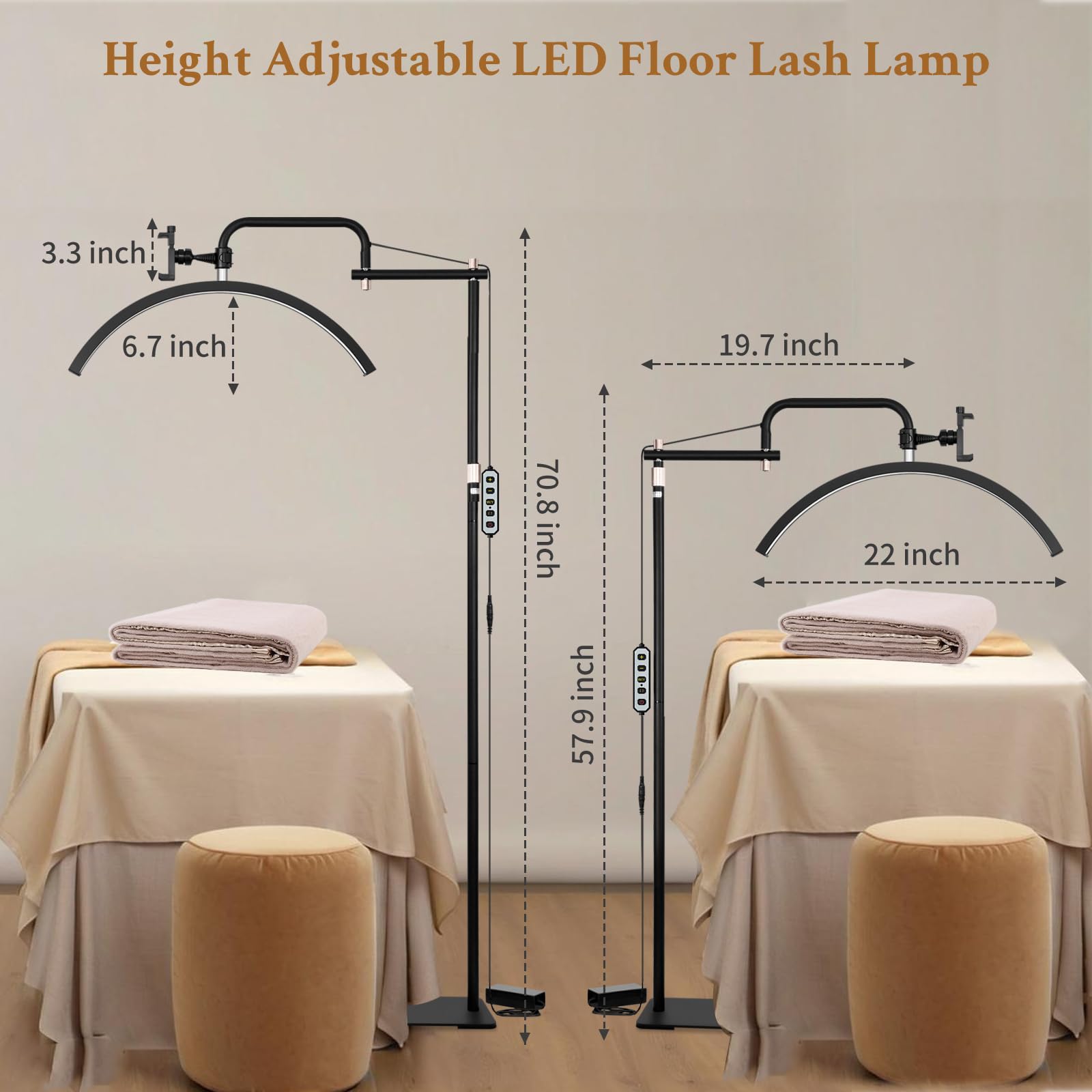Mkpaei Lash Light For Eyelash Tech - Led Half Moon Light For Tattoo Artists, Esthetician Lights For Eyelash Extensions - Adjustable Brightness & Height, Warm To Cool Floor Lash Lamp With Phone Holder