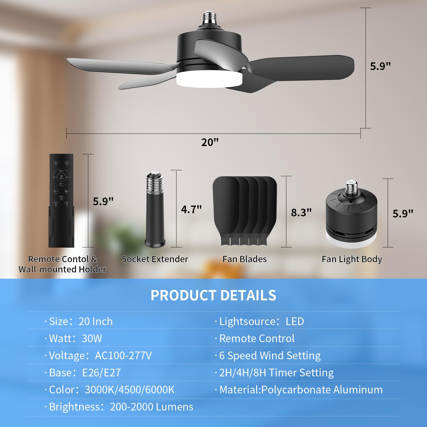 Aupuslite 20 '' Socket Fan Light With Remote, 30W Socket Ceiling Fan 2000 Lumens, 3 Colors Light 3000-6000K 6 Speed Wind Setting