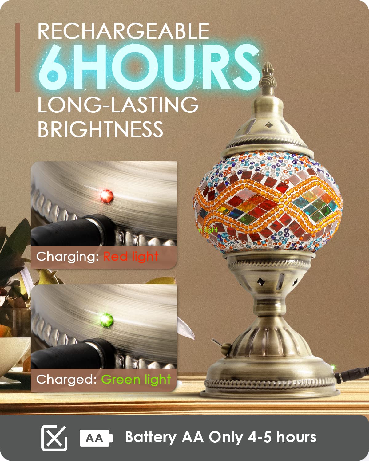 Yarra-Decor Turkish Moroccan Lamp - Handmade Tiffany Mosaic Glass, Bronze Base, Rechargeable 2000mAh Battery, Portable Bedside, Orange 2