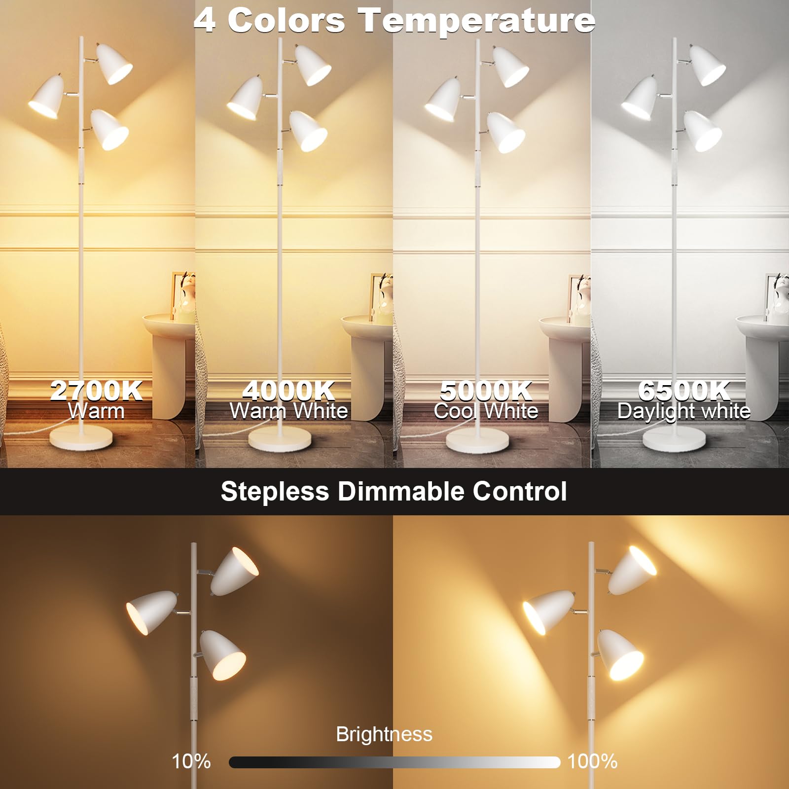 QiMH LED Floor Lamp, Modern Dimmable Standing Lamp, 4 Color Temperatures, Remote & Touch Control, White, Model FLA-036-A3