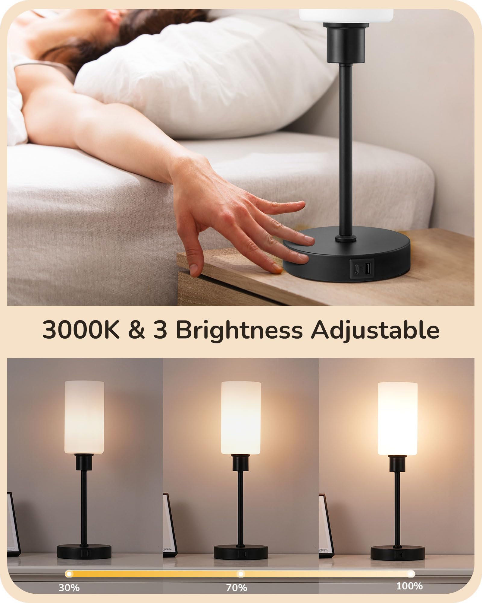 EDISHINE 19 Glass Table Lamp with Full Body Touch Control, Modern Bedside Lamp, 3-Stage Dimmable & USB-A+Type-C Charging Ports,