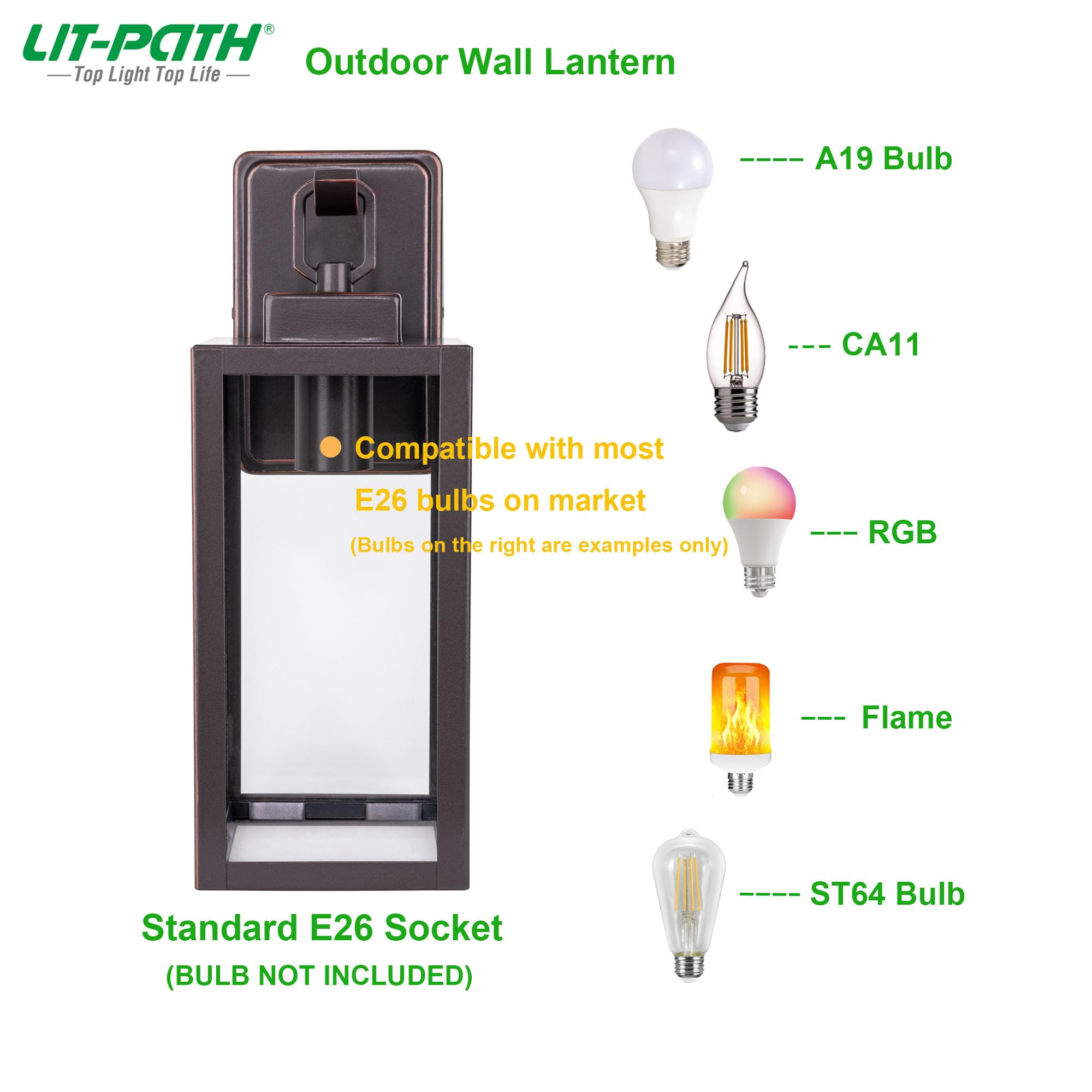 LIT-PaTH Outdoor Wall Lantern, Wall Sconce as Porch Lighting Fixture, E26 Medium Base Max 60W, Anti-Rust Metal with Glass Shade,