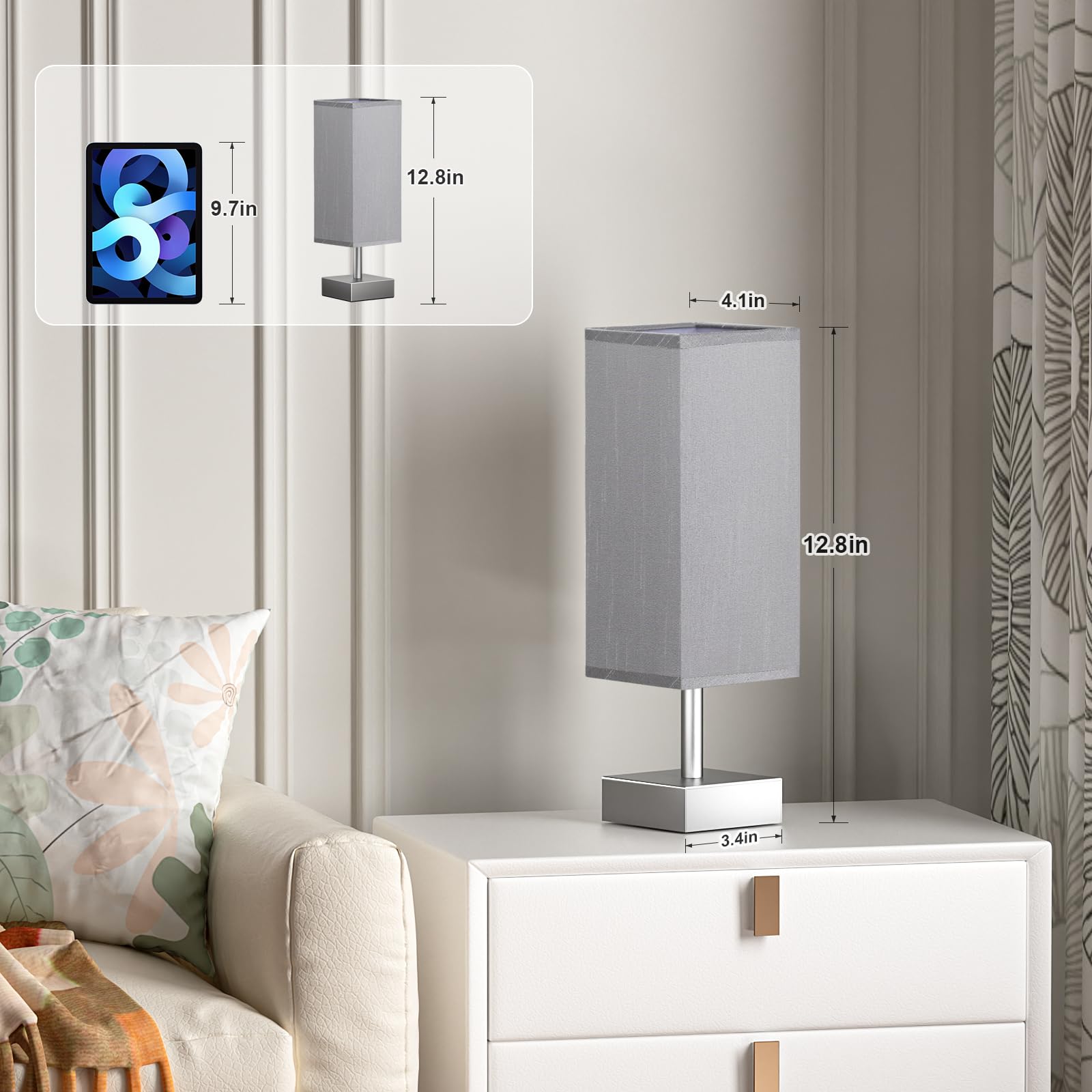 Aooshine Grey Table Lamp - Bedside Lamp For Bedroom, Minimalist Nightstand Lamp With Square Fabric Shade, Desk Lamp For Kids Roo