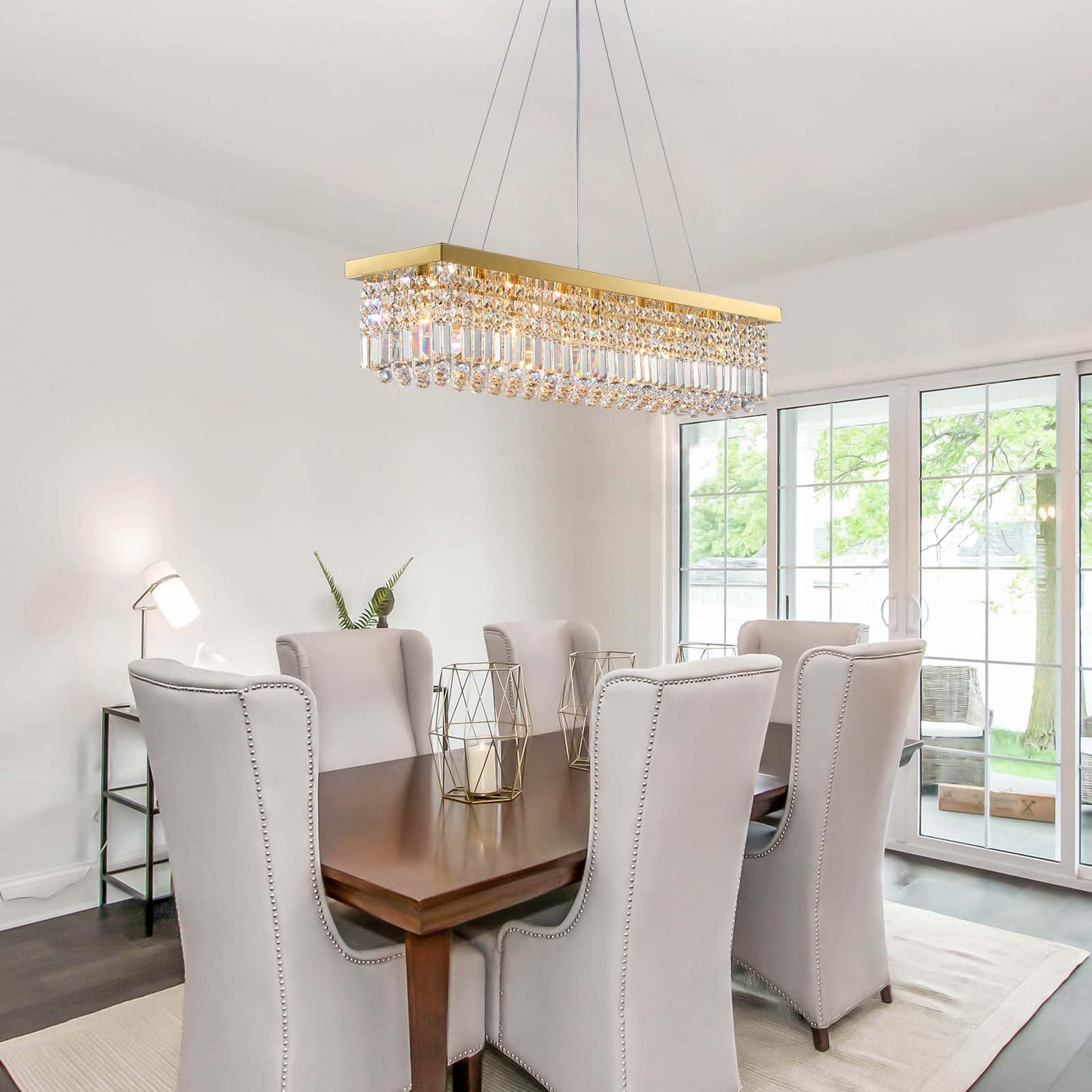 7Pm Modern Gold Crystal Chandelier Rectangle Chandeliers For Dining Room Rectangular Pendant Lighting Fixture For Kitchen Island