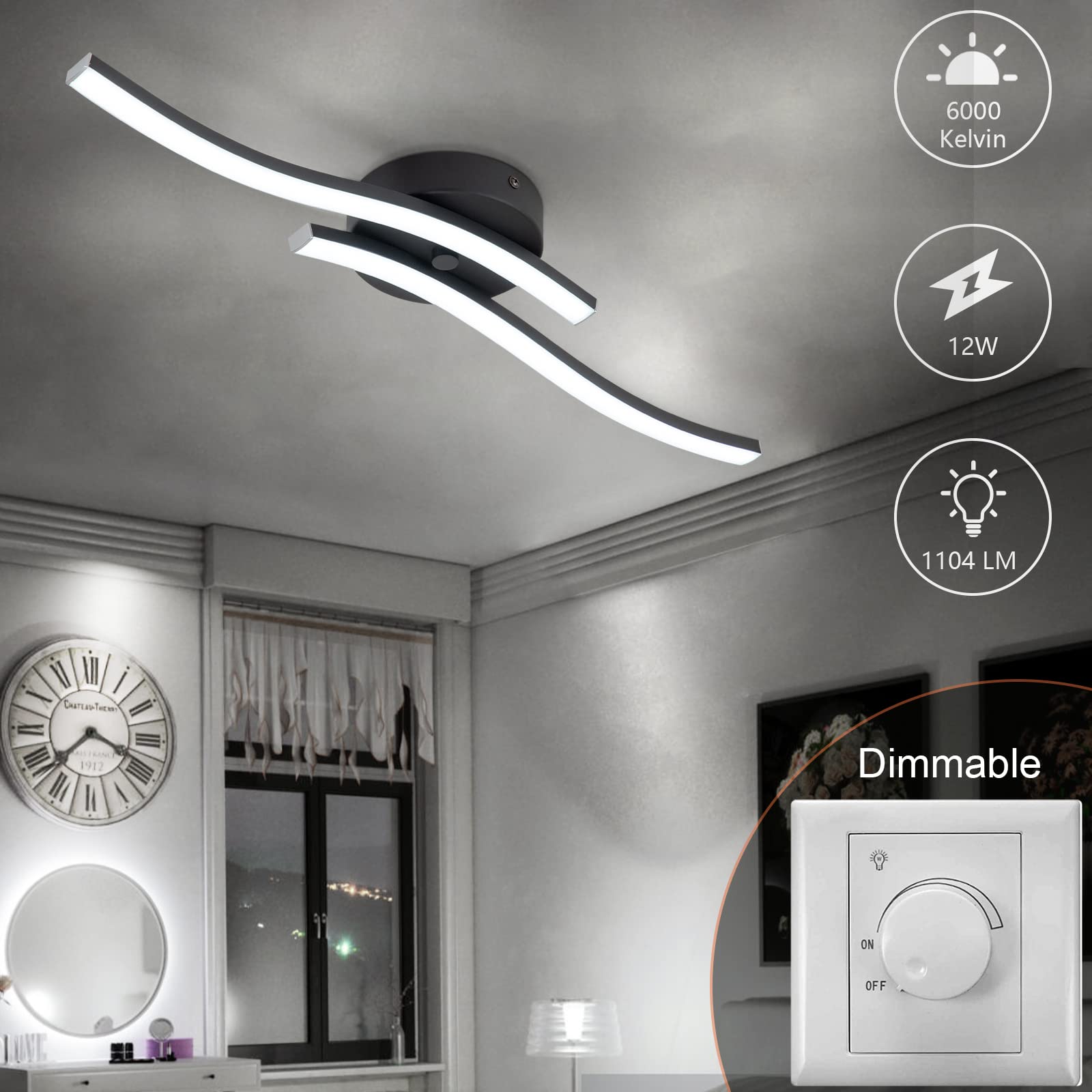 Edislive Modern Dimmable Led Ceiling Light Curved 2 Light 22.5 In Minimalist Flush Mount Ceiling Light Fixture Lamp For Bedroom