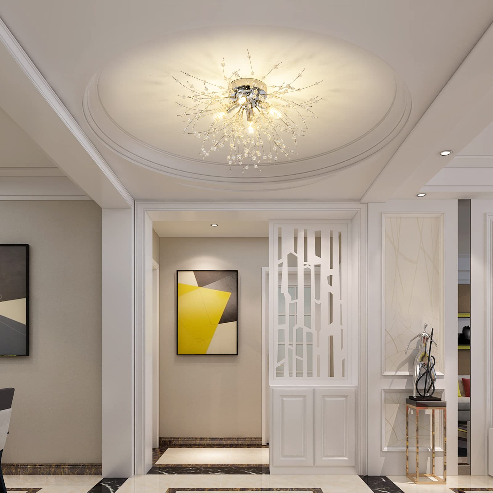 Modern Small Crystal Ceiling Light Fixture, 4-Light Chrome Crystal Sputnik Firework Chandelier, Semi Flush Mount Ceiling Light Fixtures For Bedroom Kitchen Hallway Entryway Bathroom(H9.5'' X W17.7'')