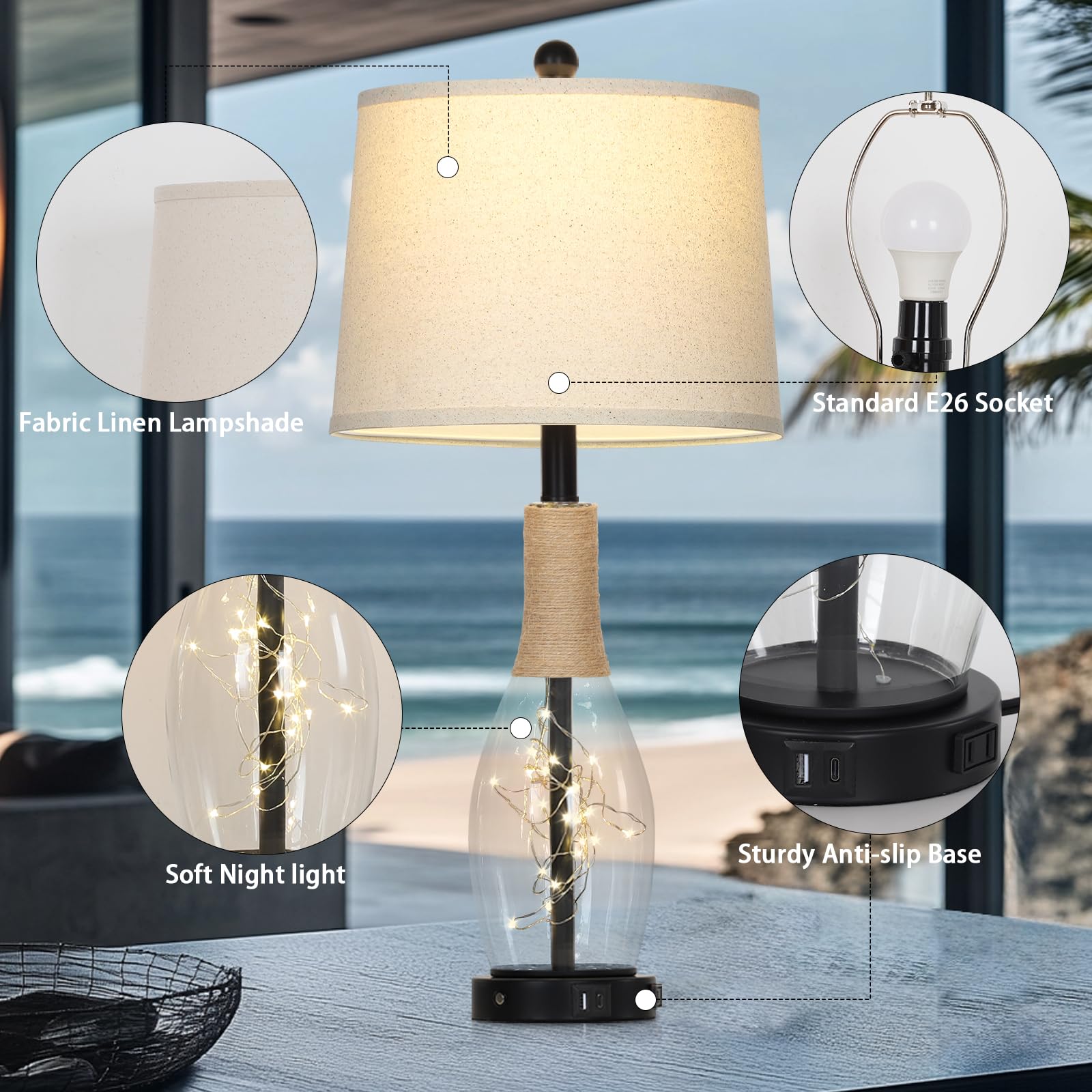 28'' Tall Coastal Table Lamps Set Of 2, Glass Black Modern Table Lamps With 3-Way Dimmable Touch Control Fairy Lights & Type-C C