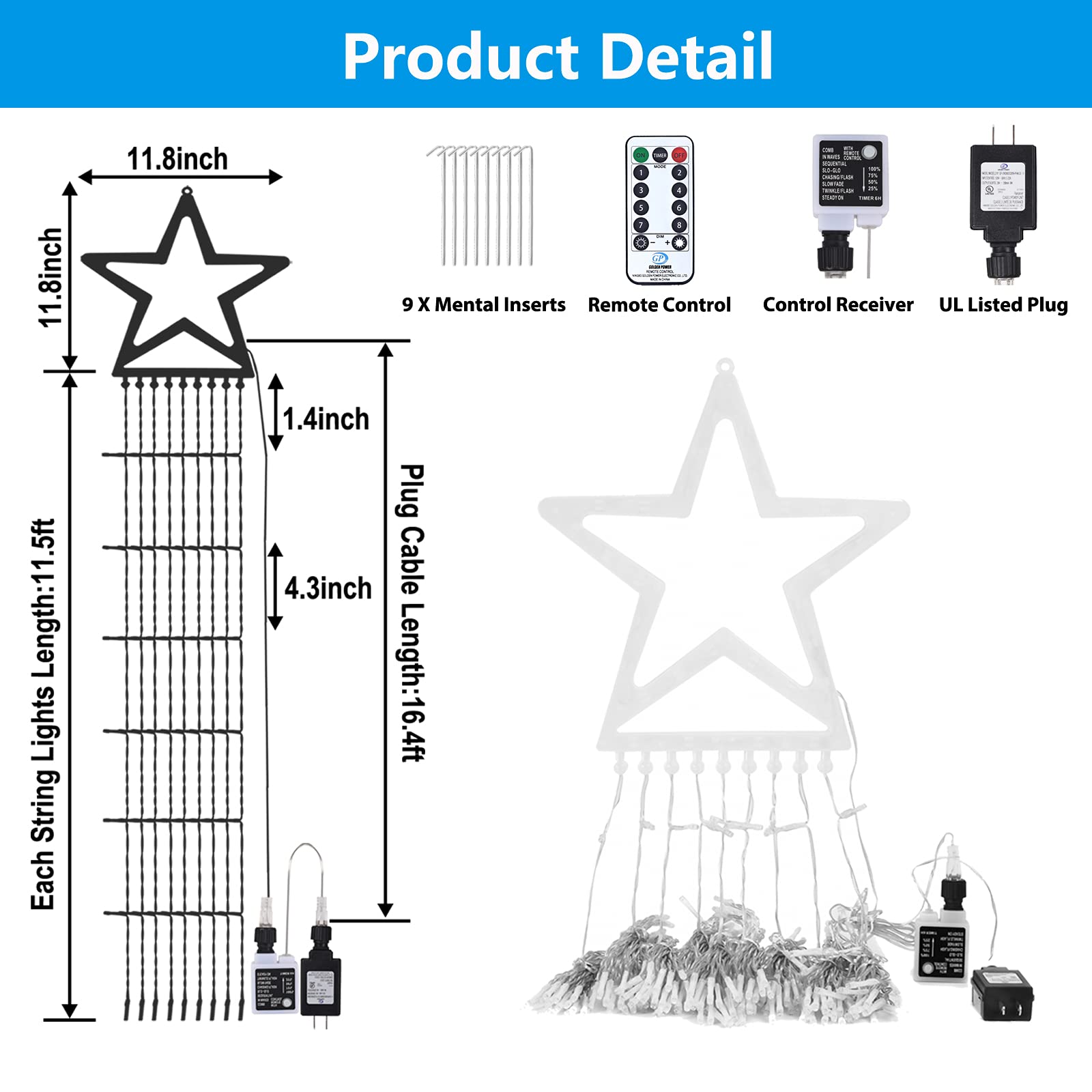 Decute Christmas Decorations Outdoor String Lights 8 Modes and Timer with Remote, Waterproof 320 LED Christmas Tree Lights Star
