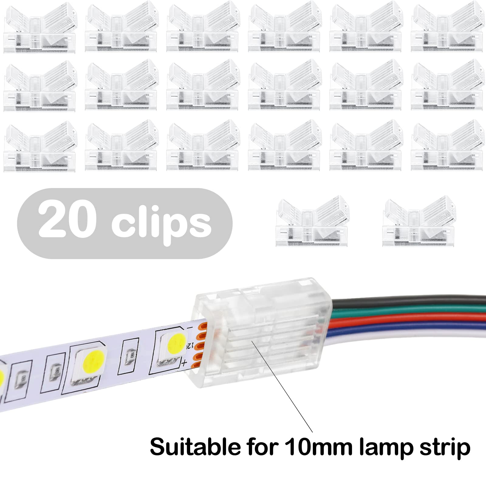 Flutesan LED Strip Connector, 20 Pcs, 5 Pin 10 mm, Waterproof Adapter, RGB Lights, Transparent