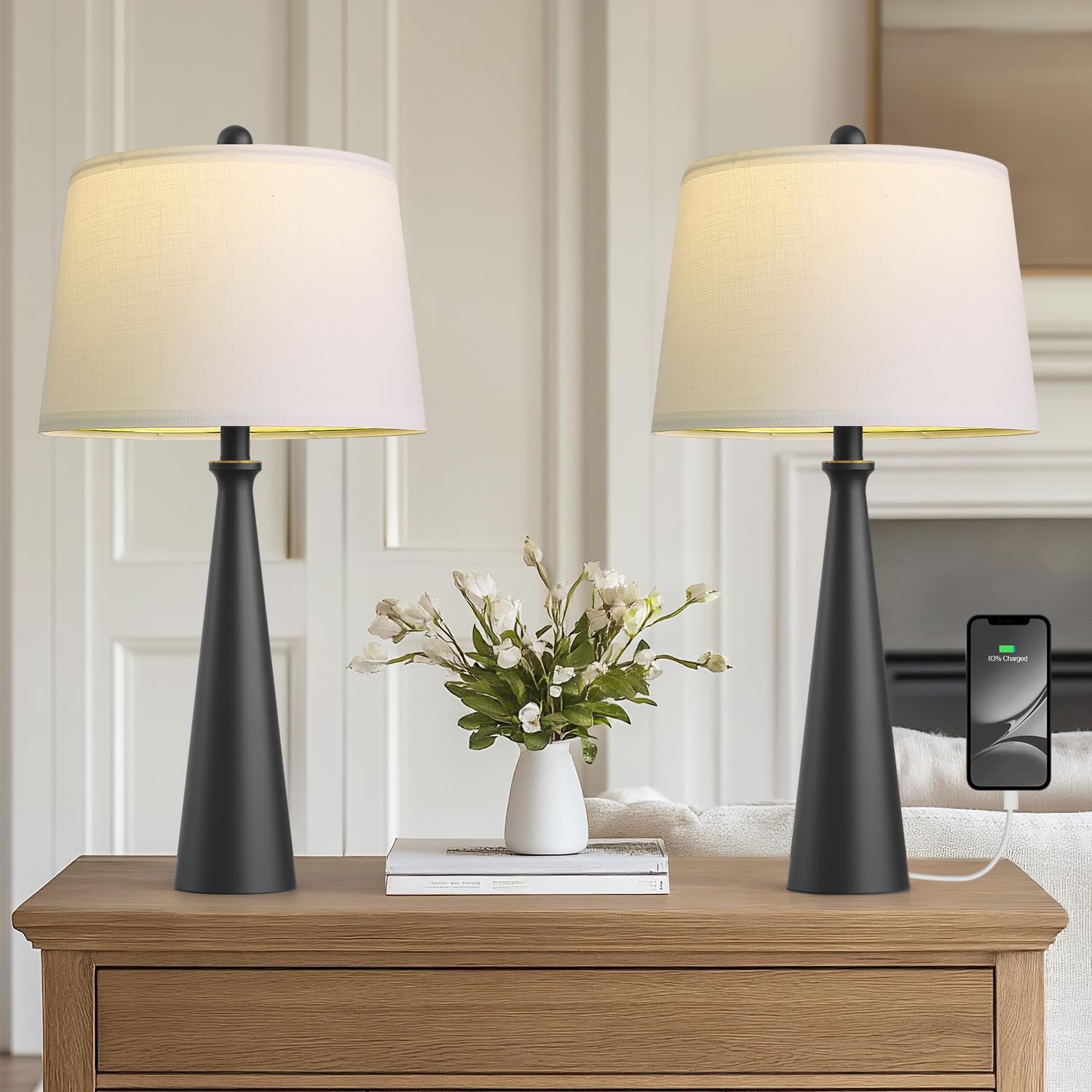 Oneach 25.75'' Modern Table Lamp Set Of 2, Bedside Lamps With Usb Ports, Black Nightstand Lamps Set For Living Room Bedroom Hous