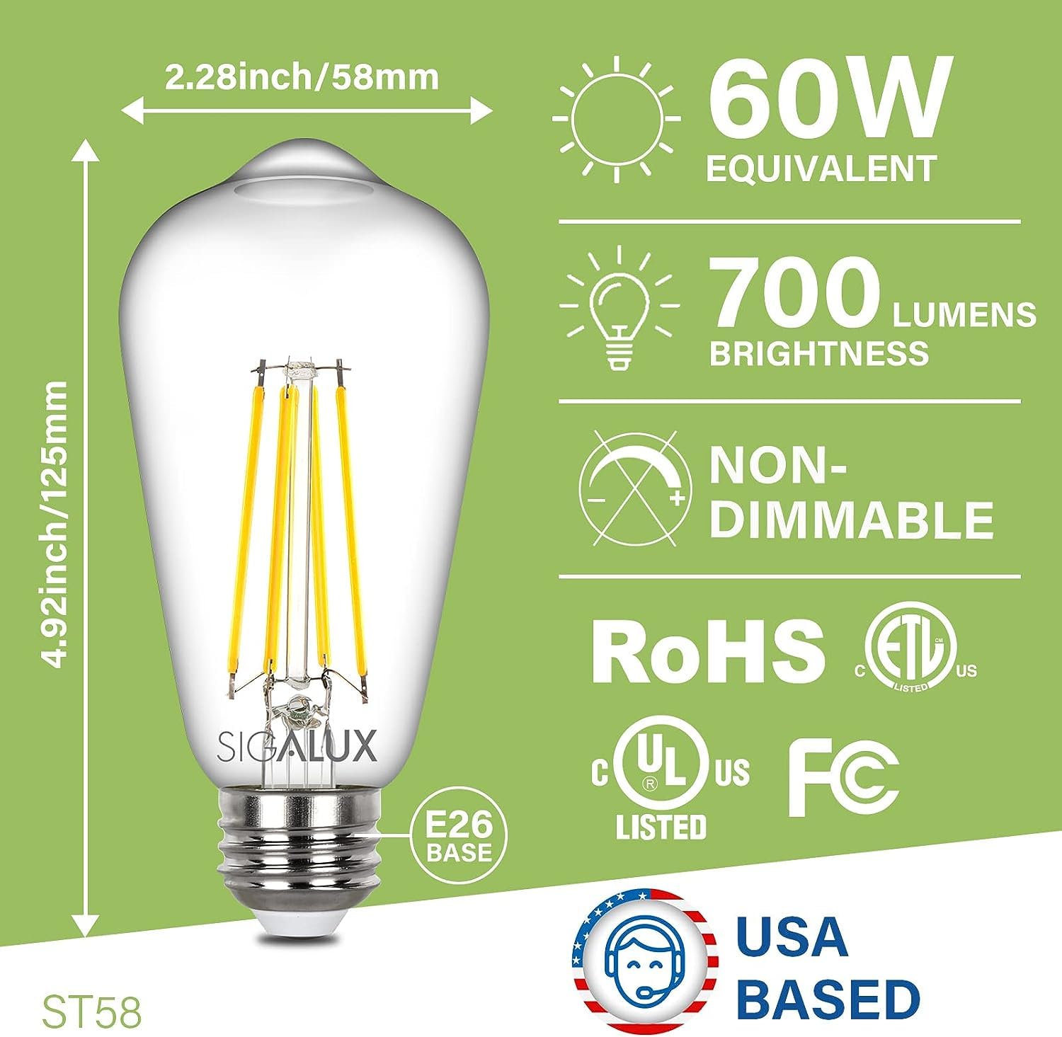 Sigalux Edison Bulbs, E26 LED Bulb ST58 Filament Clear Non-Dimmable Vintage Light Bulbs 60W Equivalent Soft White 2700K 15, 000h